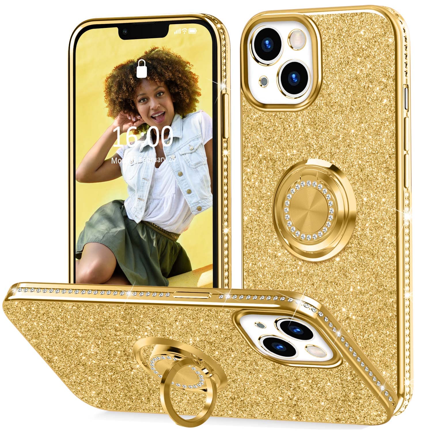 Sparkling Rhinestone iPhone 13 Case with Kickstand & Camera Protection - 6.1 Inch Glitter Phone Cover with Ring Holder, Full Body Shockproof Design for Women (Gold) | Perfect for Daily Use, Parties, Travel & Gift Giving