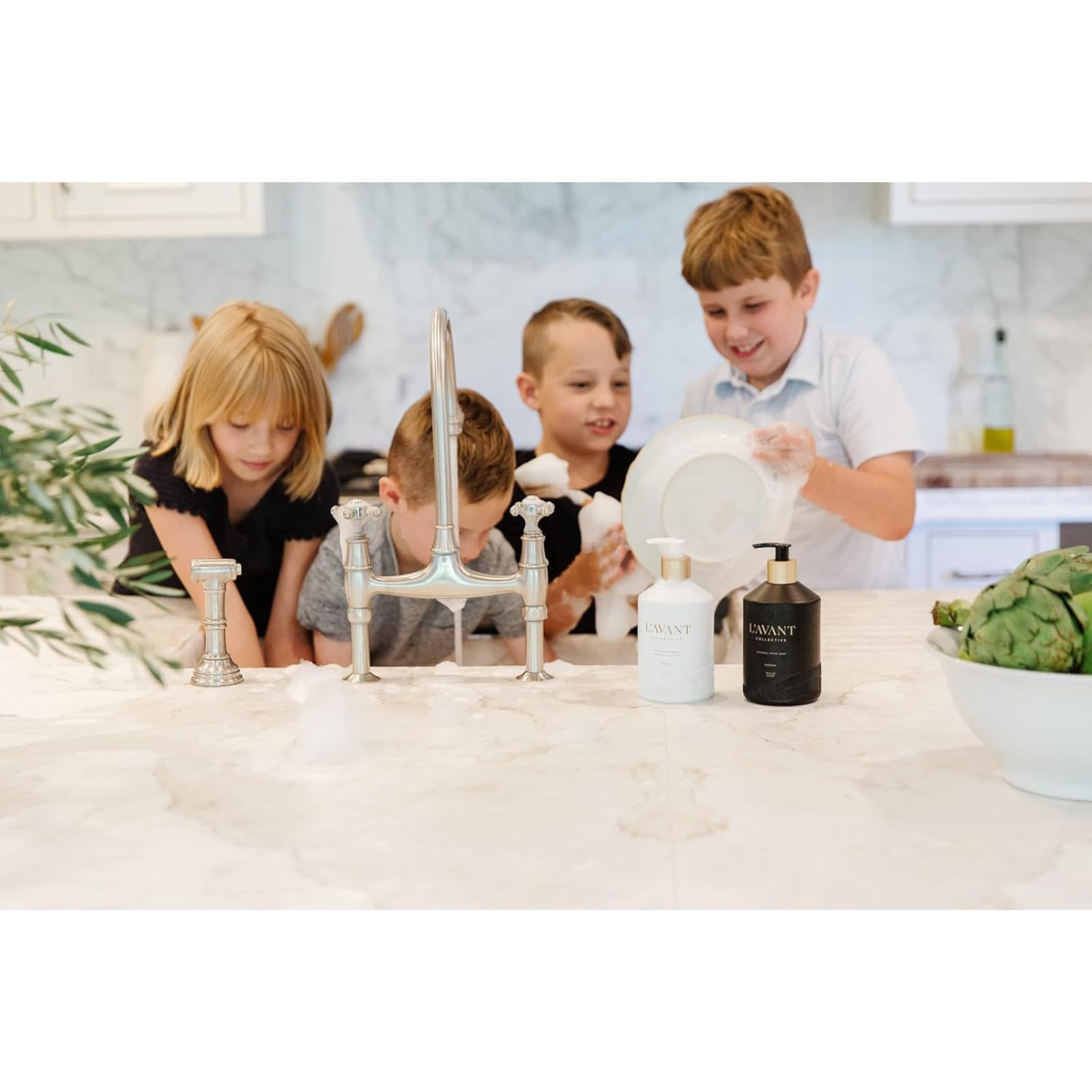 L'AVANT Collective Luxury Sink-Side Starter Bundle - Lucite Vanity Tray, Hand & Dish Soap, Hand Lotion in Reusable Glass Bottles & Bamboo Dish Scrubber | Elegant Kitchen & Bathroom Essentials | Perfect Hostess Gift Set (Fresh Linen Scent) for Home Spa, Bridal Shower & Housewarming Parties