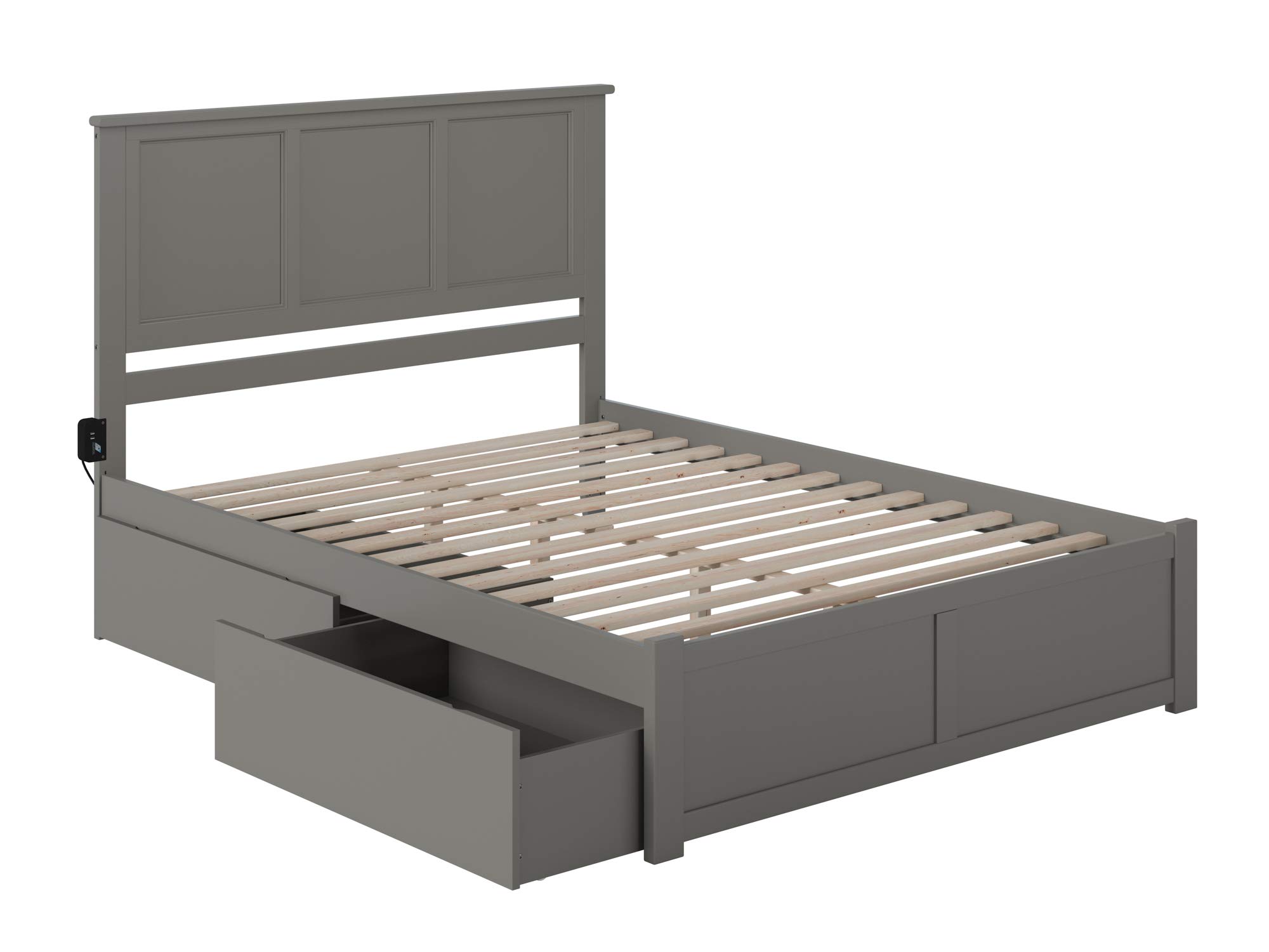 AFI Madison Queen Platform Bed with Footboard, Storage Drawers & USB Charger - Grey Modern Bed Frame for Small Spaces, Guest Rooms & Master Bedrooms