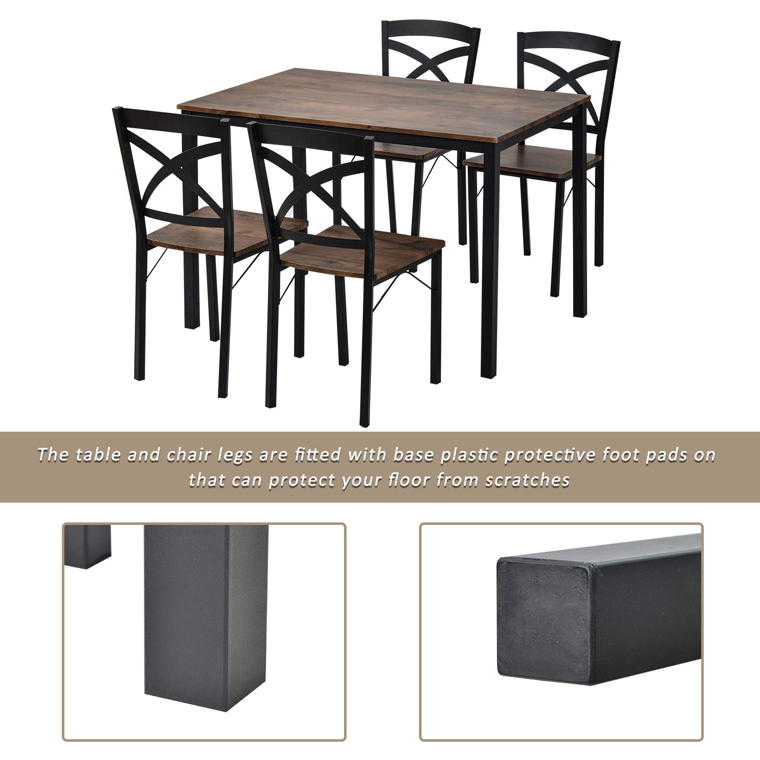 Goujxcy 5-Piece Industrial Dining Table Set - Solid Wood Table with Metal Frame & 4 Matching Chairs - Rustic Kitchen Dining Set for 4 People - Perfect for Small Spaces, Apartments & Farmhouse Style Homes