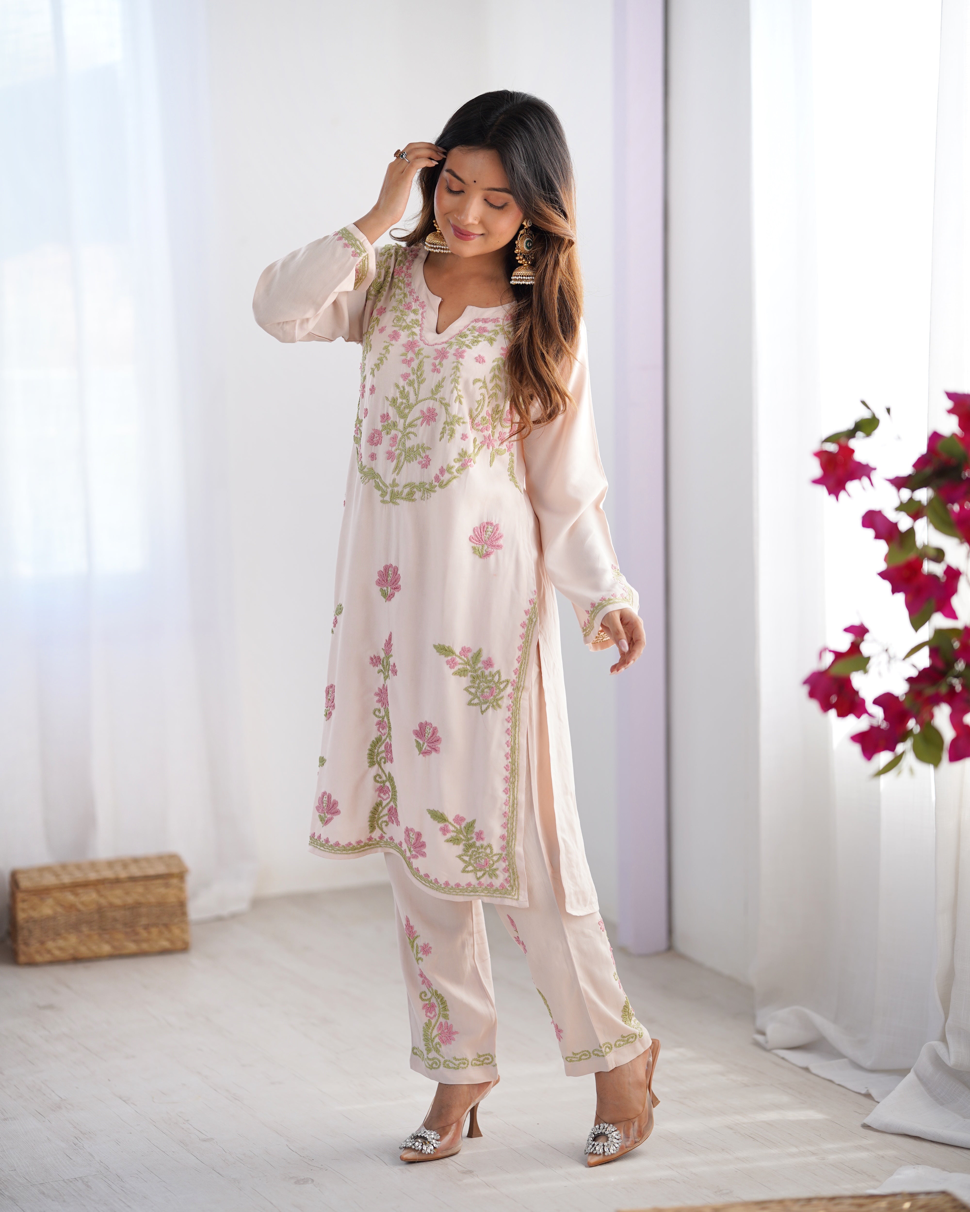 Elegant Chikankari Kurta Set in Rayon - Beige | Traditional Indian Embroidered Dress for Women | Perfect for Festivals, Weddings & Casual Wear