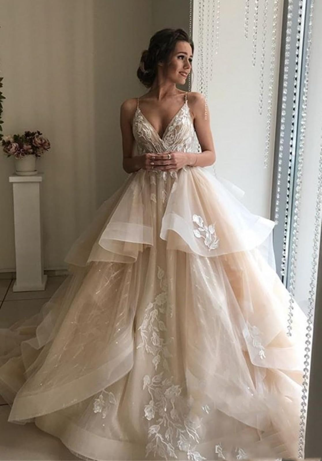Elegant V-Neck Lace Appliqued Wedding Dress for Women - Tiered Ruffle Puffy Tulle Bridal Gown with Train | Perfect for Church Ceremonies, Beach Weddings & Romantic Photoshoots
