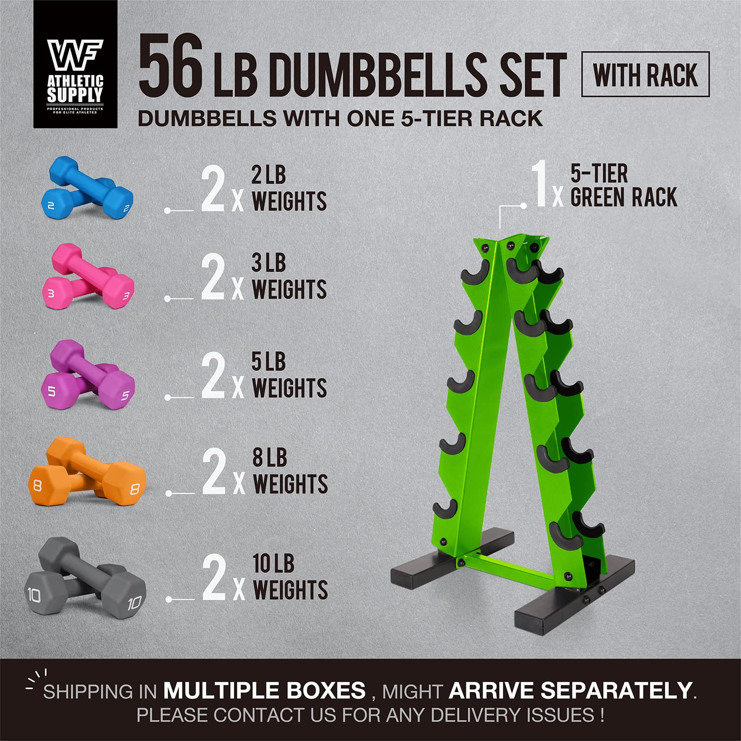 WF Athletic Supply Neoprene Coated Hexagonal Dumbbell Set with Non-Slip Grip & Space-Saving A-Frame Rack - Home Gym Equipment for Strength Training, Cardio Workouts & Small Spaces (Multiple Color Options)