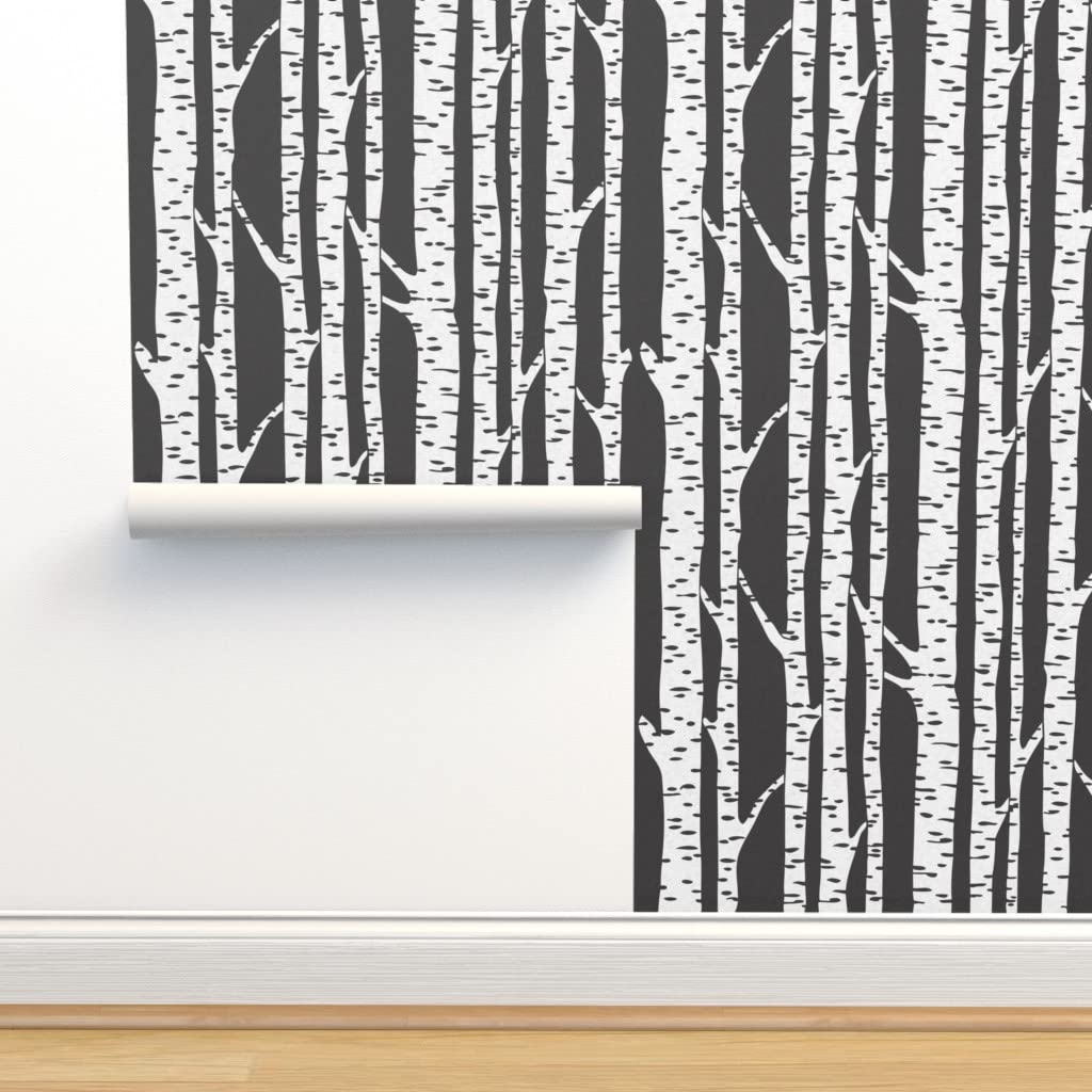 Peel & Stick Wallpaper 12ft x 2ft - Birch Tree Black White Forest Design | Removable Custom Wallpaper for Nursery, Bedroom & Living Room | Gender Neutral Home Decor by Spoonflower