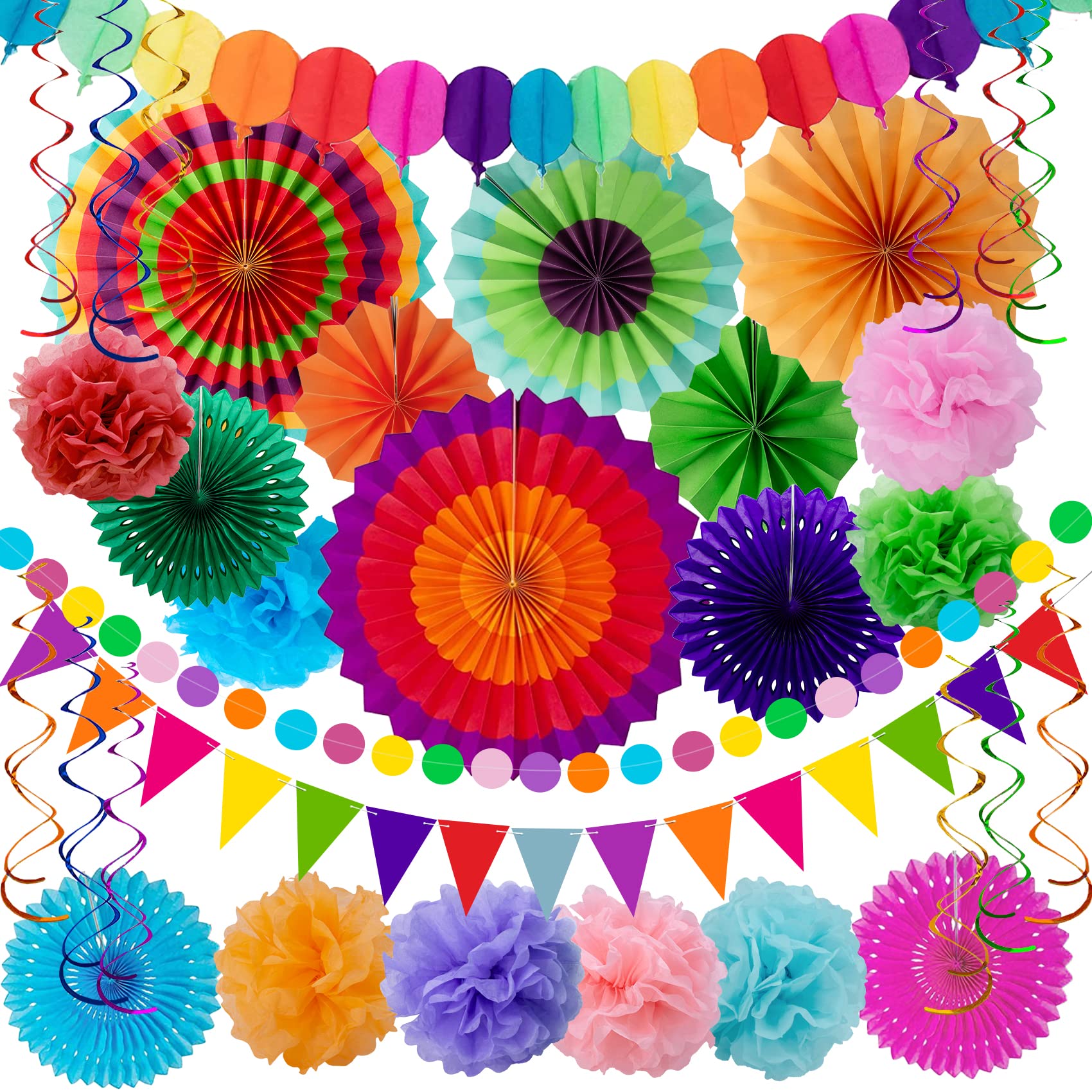 Colorful Rainbow Paper Fans & Tissue Flowers - Fiesta Birthday Party Decorations for Women, Girls, Bachelorette, Wedding & Classroom | Wall Decor, Pom Poms & Streamers for Festive Celebrations, Baby Showers & Bridal Showers