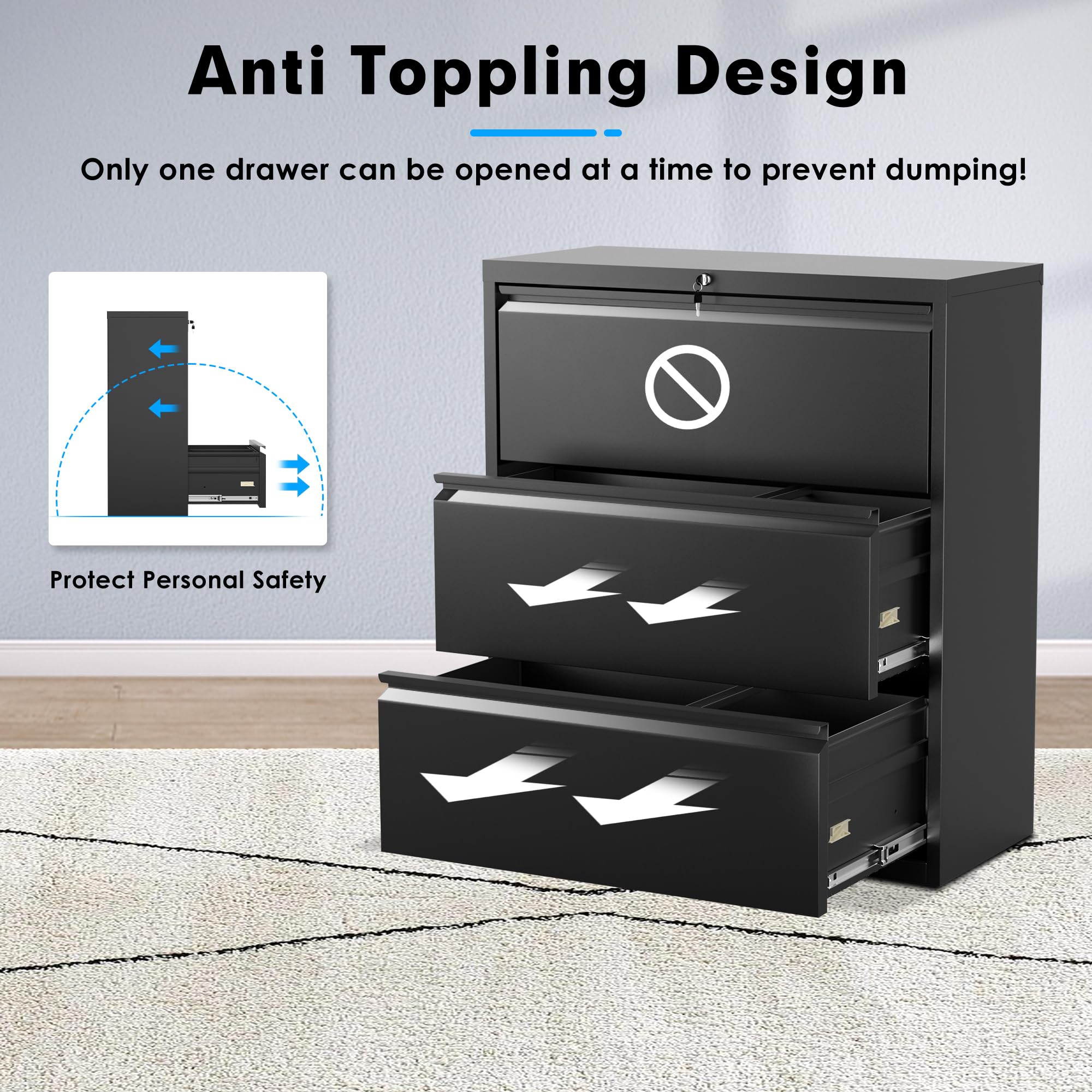 Pataku 3-Drawer Metal Lateral File Cabinet with Lock - Steel Office & Home Filing Cabinet for Letter, Legal, F4 & A4 Hanging Files - Wide Storage Organization Solution for Documents, Records & Office Supplies (Black)
