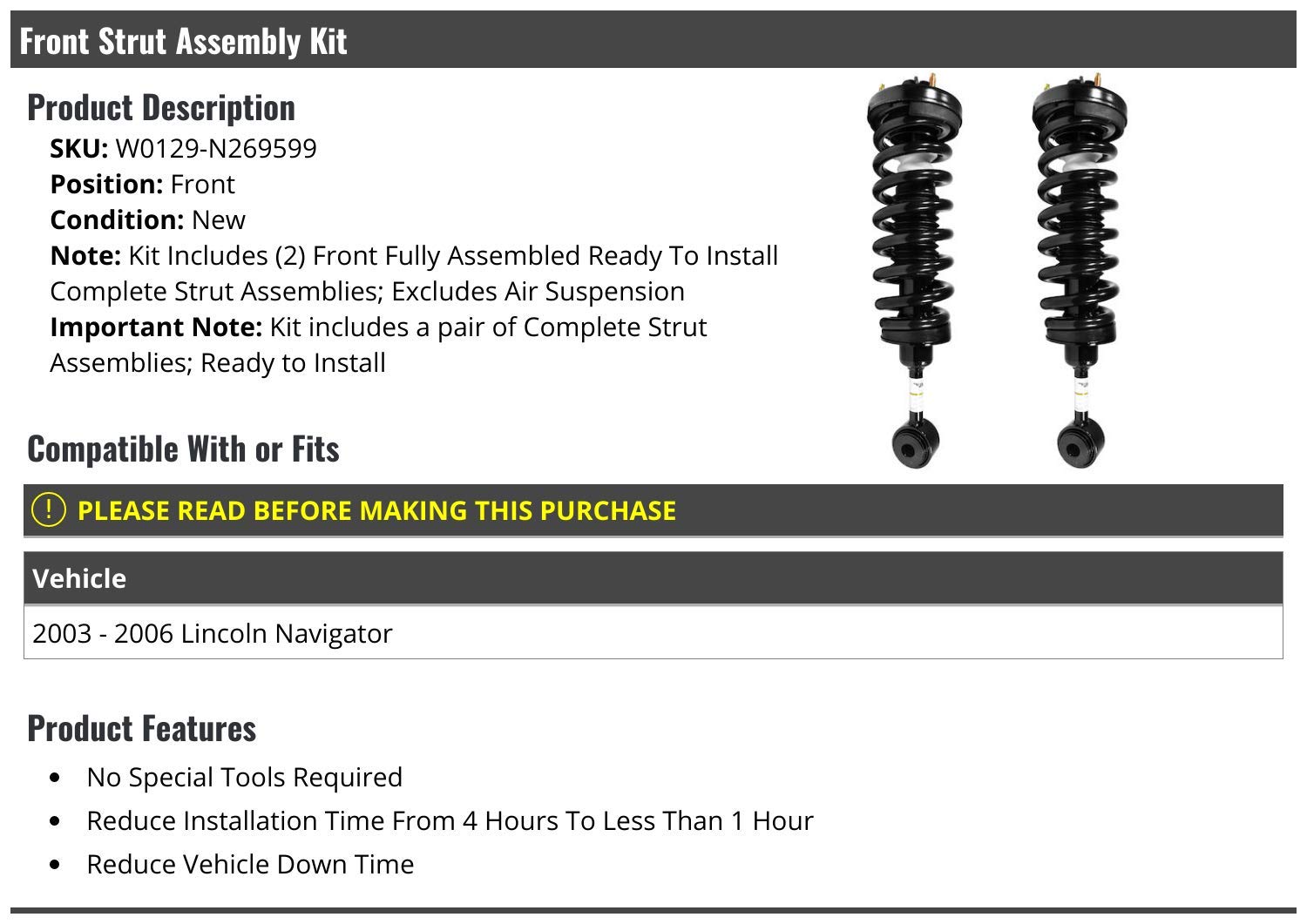 Front Strut and Coil Spring Assembly Set of 2 for 2003-2006 Lincoln Navigator (Non-Air Suspension) - Heavy Duty Suspension Replacement Parts for Smooth Ride & Off-Road Performance