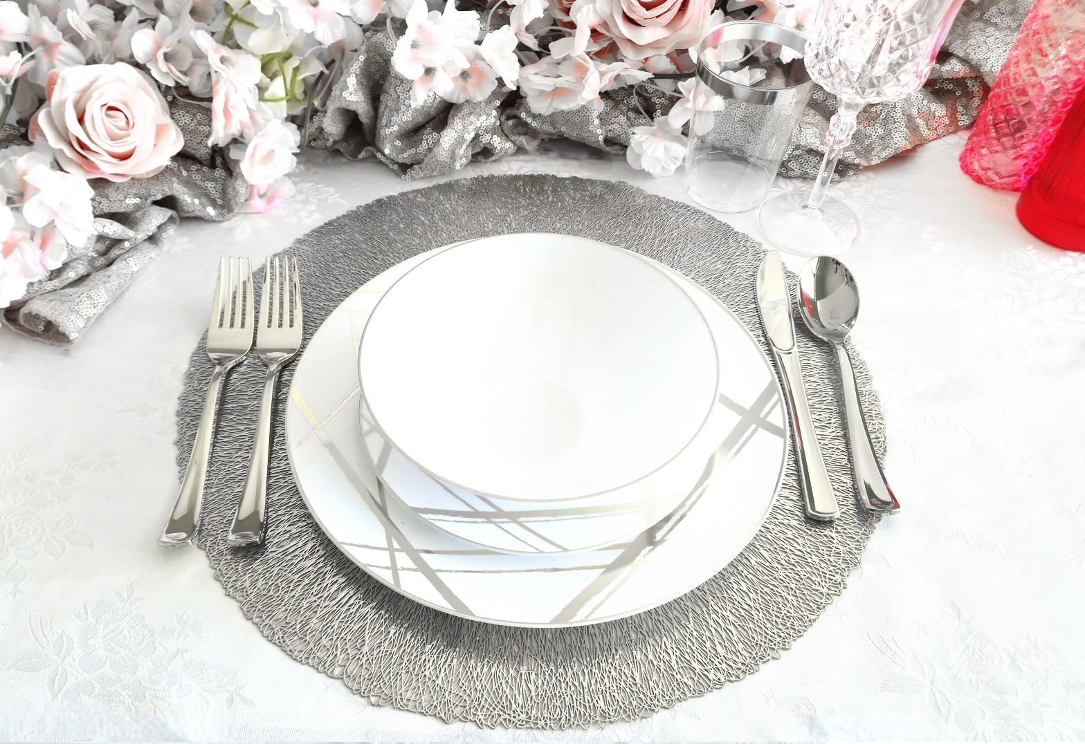 120-Piece Metallic Vinyl Placemats Set - Round Pressed Wedding Table Decor in Reef & Silver | Elegant Dining, Party Centerpiece, Holiday Table Setting