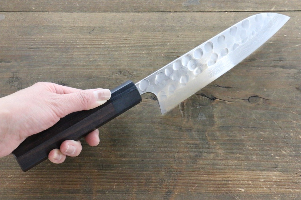 Premium Seisuke Blue Steel No.2 Hammered Damascus Santoku Knife 180mm - Japanese Chef Knife with Shitan Handle - Perfect for Slicing, Dicing & Chopping Vegetables, Meat & Fish