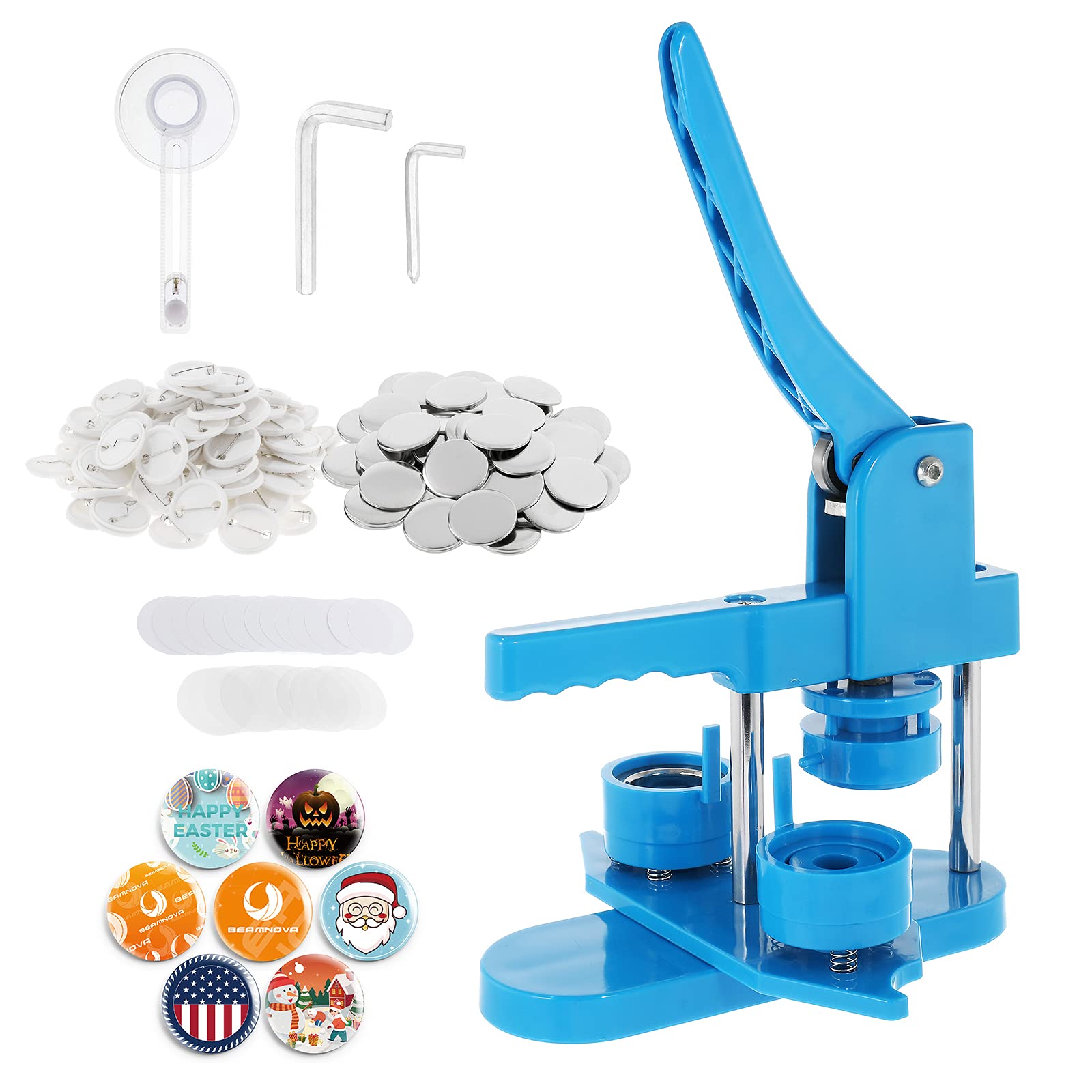 BEAMNOVA 37mm (1.46 Inch) Round Button Maker Machine Kit - Rotary Style DIY Pin Badge Press with 200 Button Parts & Supplies (Blue) - Perfect for Custom Pins, Promotional Items, School Projects & Craft Making