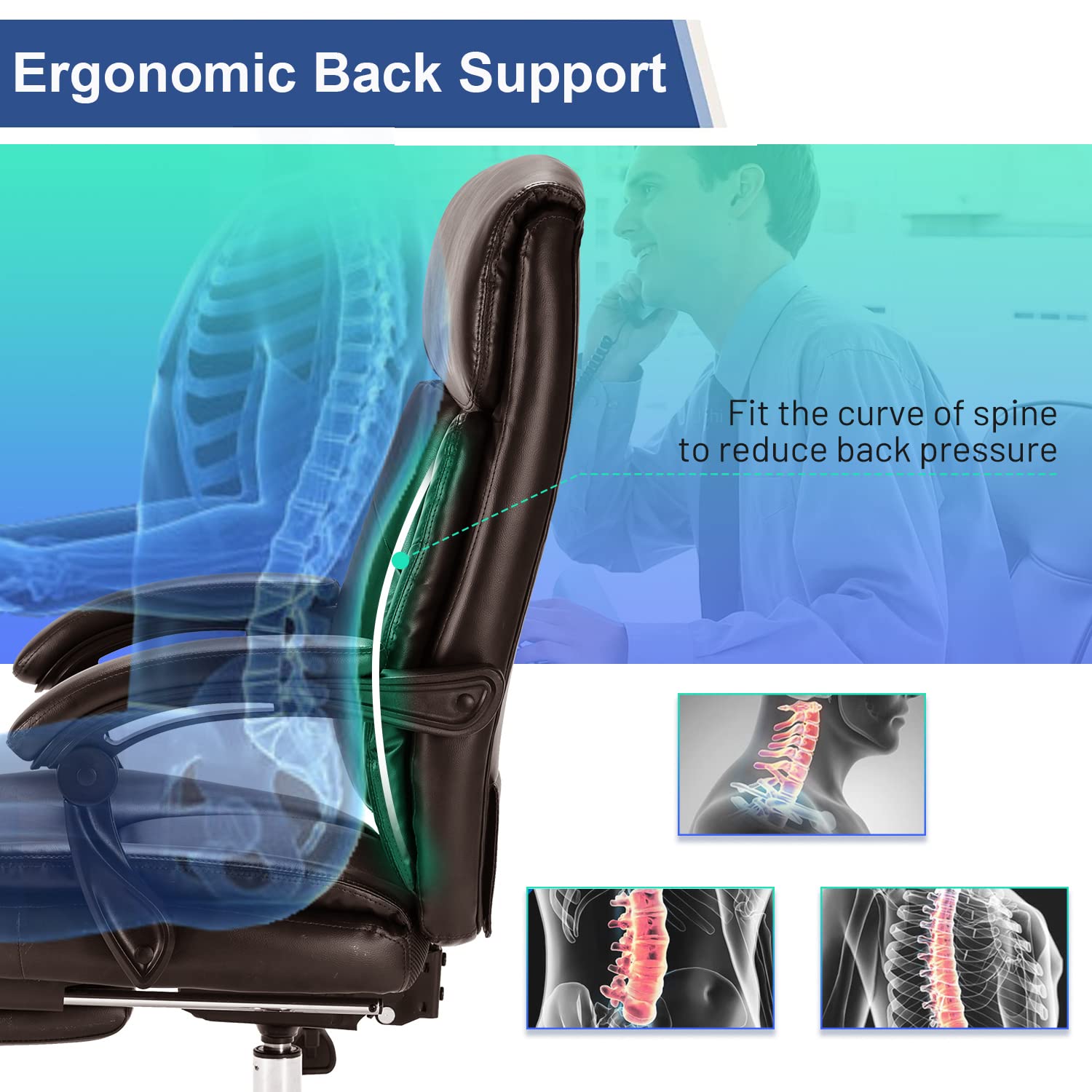 Premium Ergonomic Executive Office Chair - Big & Tall Leather Swivel Rolling Manager Chair with Adjustable High Back, Padded Armrests & Retractable Footrest - Perfect for Home Office, Gaming & Computer Workstations