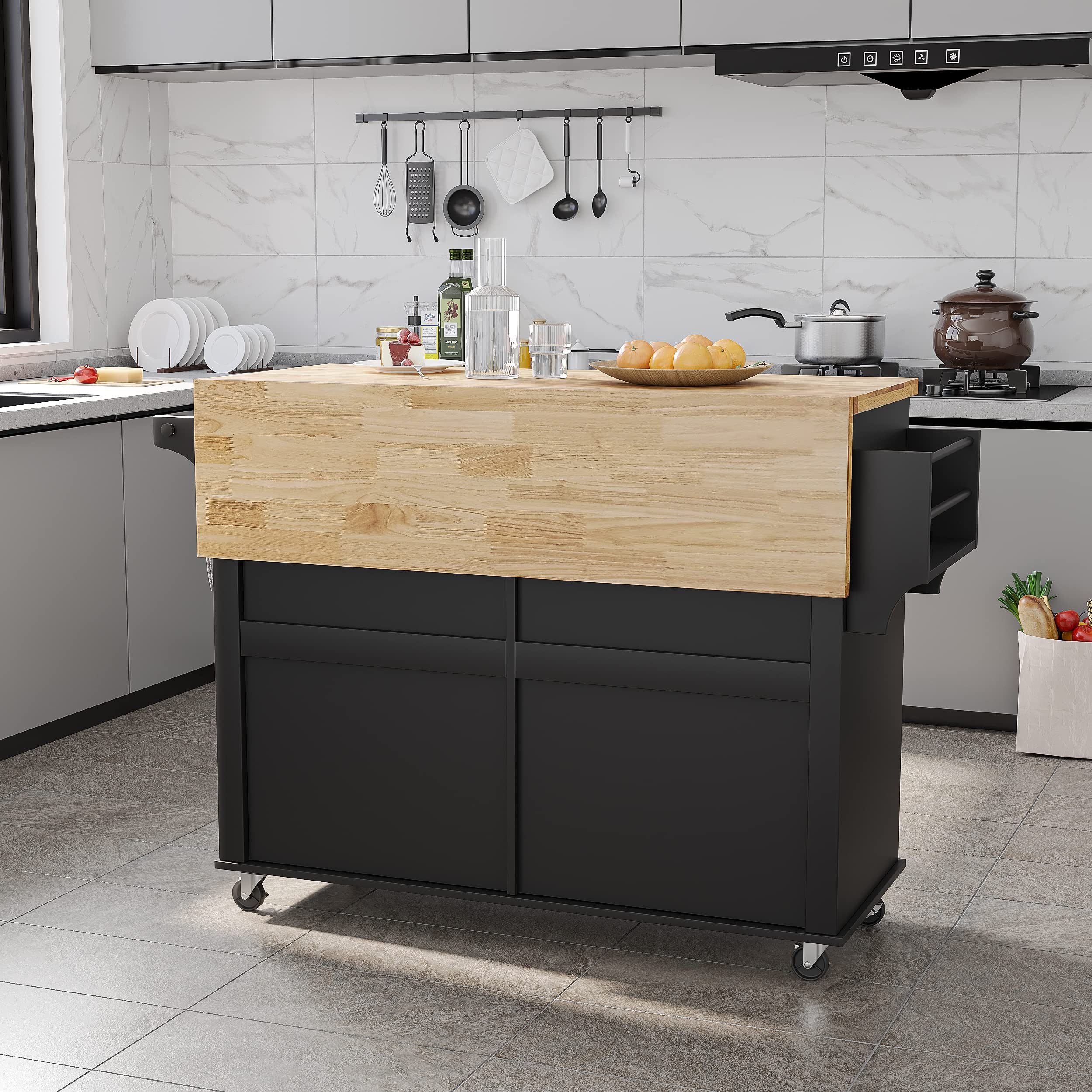 **Black Rolling Kitchen Cart with Wood Top & Drop Leaf Breakfast Bar - Mobile Kitchen Island Table on Wheels with Drawer, Storage Cabinet, Spice & Towel Rack - Perfect for Small Spaces, Breakfast Nooks & Extra Counter Space**