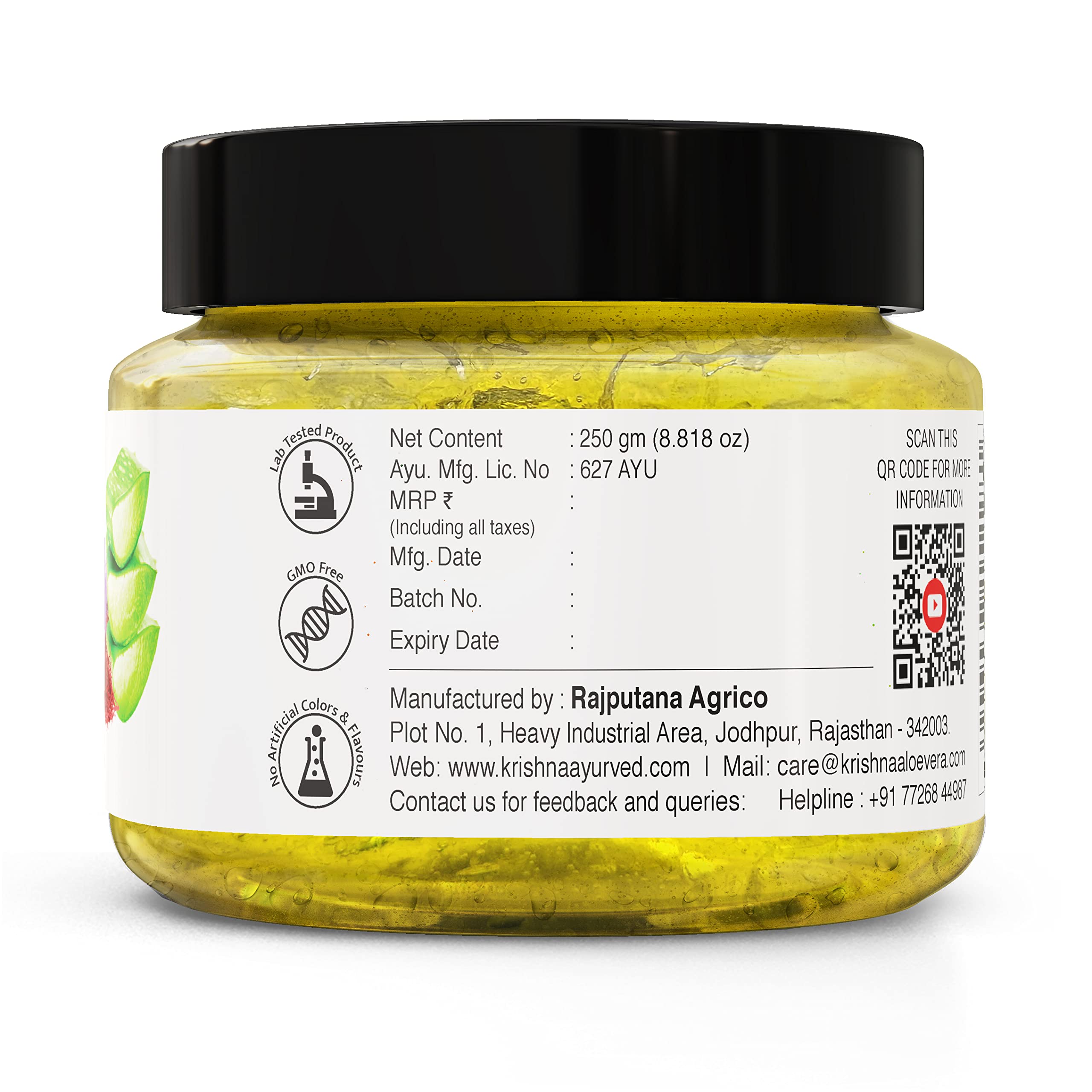 KRISHNA'S HERBAL & AYURVEDA Aloe Vera Gel with Saffron for Acne, Scars & Glowing Skin | Kesar Aloe Vera Face Gel for Hydration & Radiance | Best Natural Aloe Vera Gel for Face Care | 250g | Perfect for Daily Skincare & Sunburn Relief