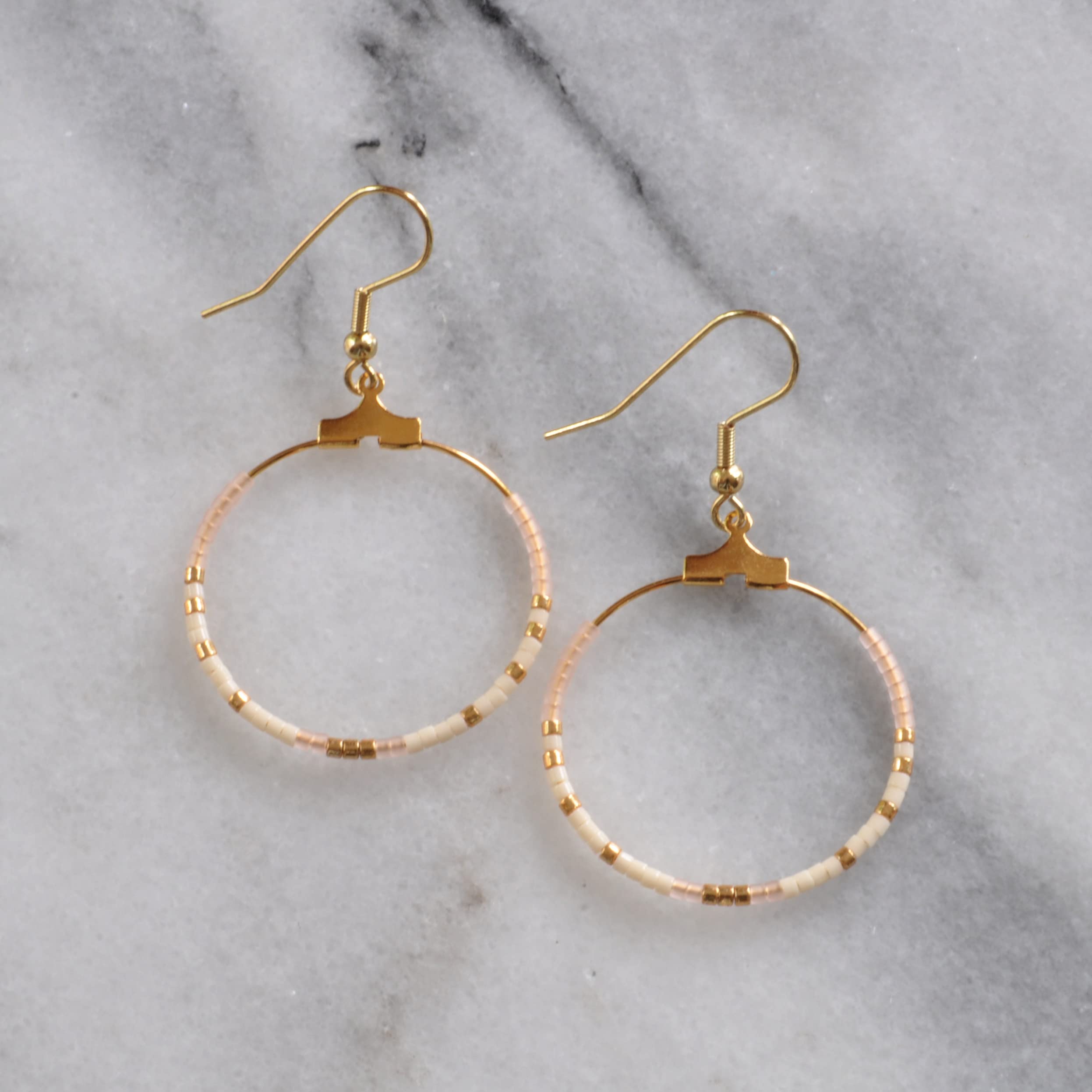 Ivory and Blush Small Beaded Hoop Earrings - Gold Plated White Gold Ear Wires | Elegant Dainty Jewelry for Women, Perfect for Weddings, Parties & Everyday Wear