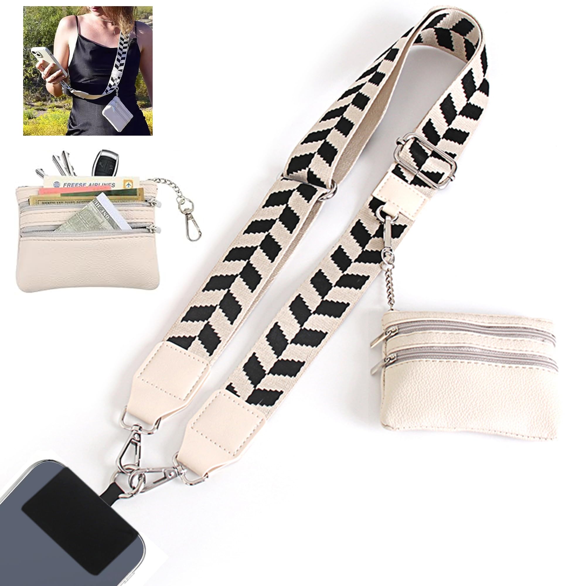 Adjustable Crossbody Phone Strap with Zippered Wallet Pouch - Universal Clip-On Design for All Smartphones (Beige) | Hands-Free Convenience for Shopping, Travel & Outdoor Activities