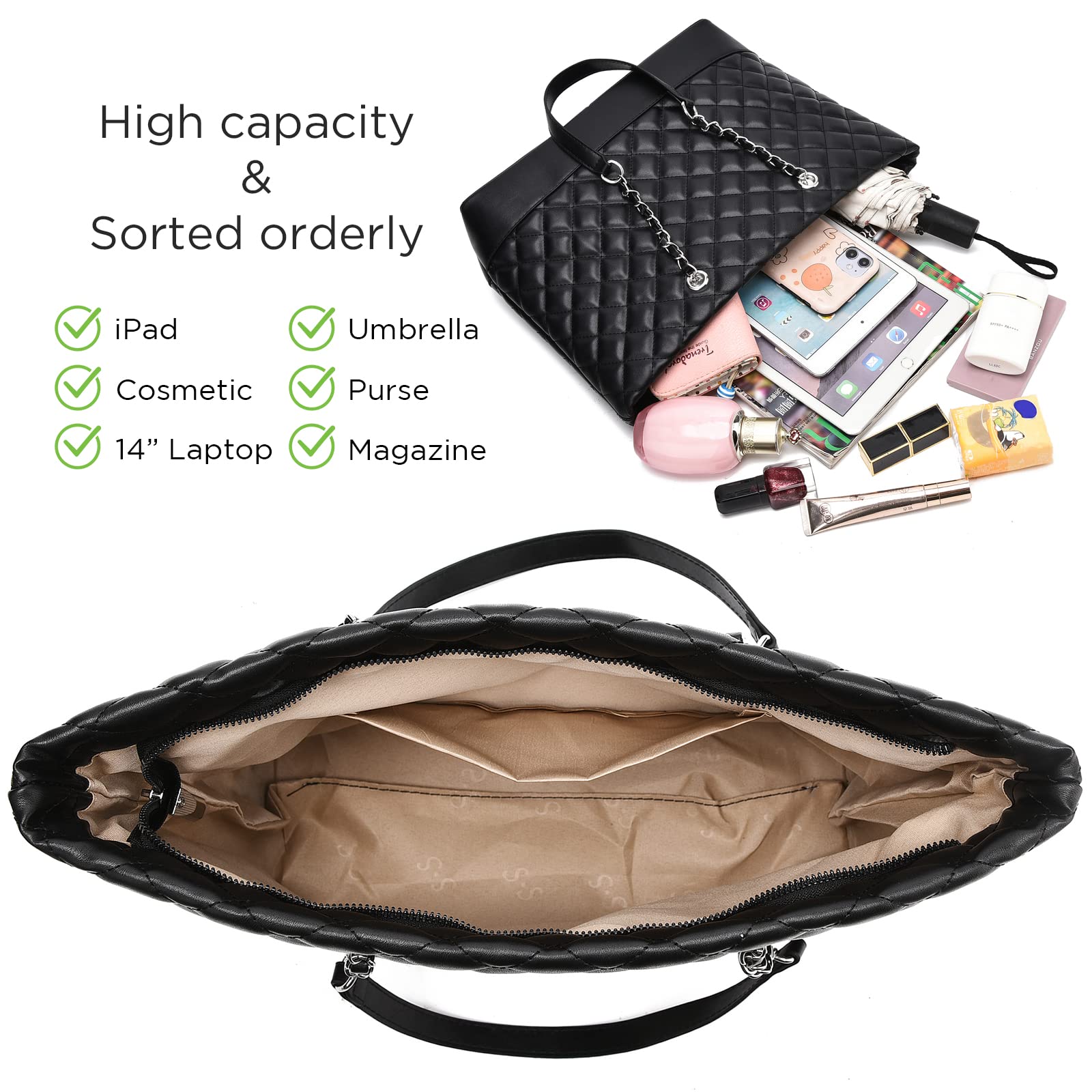 Women's Quilted Shoulder Bag - Lightweight Designer Tote with Chain Strap for Work & Travel