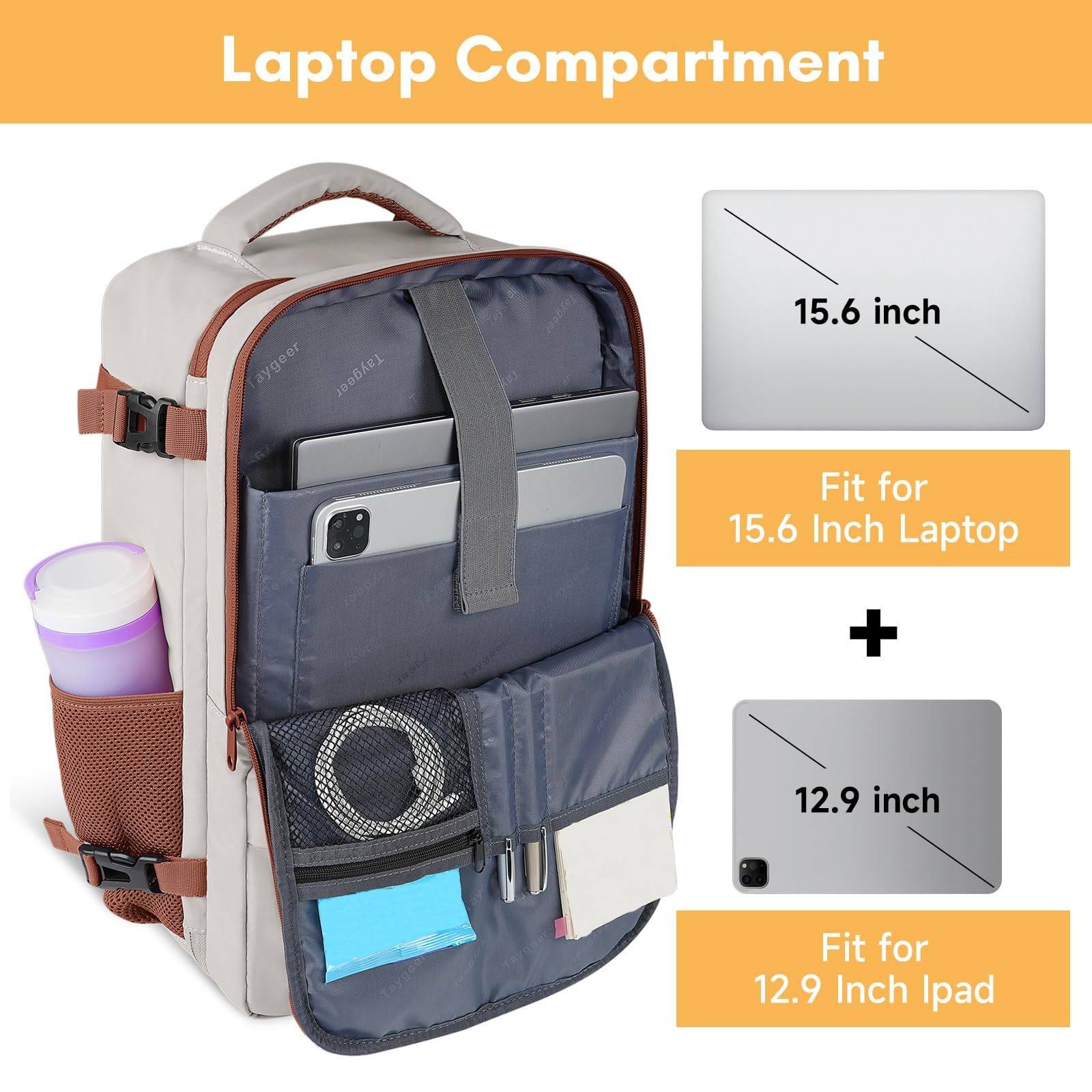 Taygeer Women's Travel Backpack - 35L Laptop Backpack with Shoe Compartment, Airline Approved Carry-On Bag for College, Gym, Hiking & Weekender Trips | Durable Khaki & White Design for Work, School & Outdoor Adventures