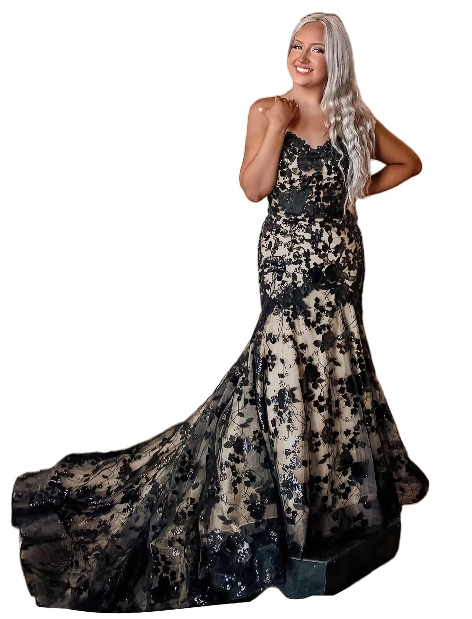 Gothic Mermaid Black Wedding Dress for Bride - Lace Appliques Beaded Tulle Sweetheart Bridal Gown | Gothic Wedding, Vampire Bride, Dark Romance Ceremony