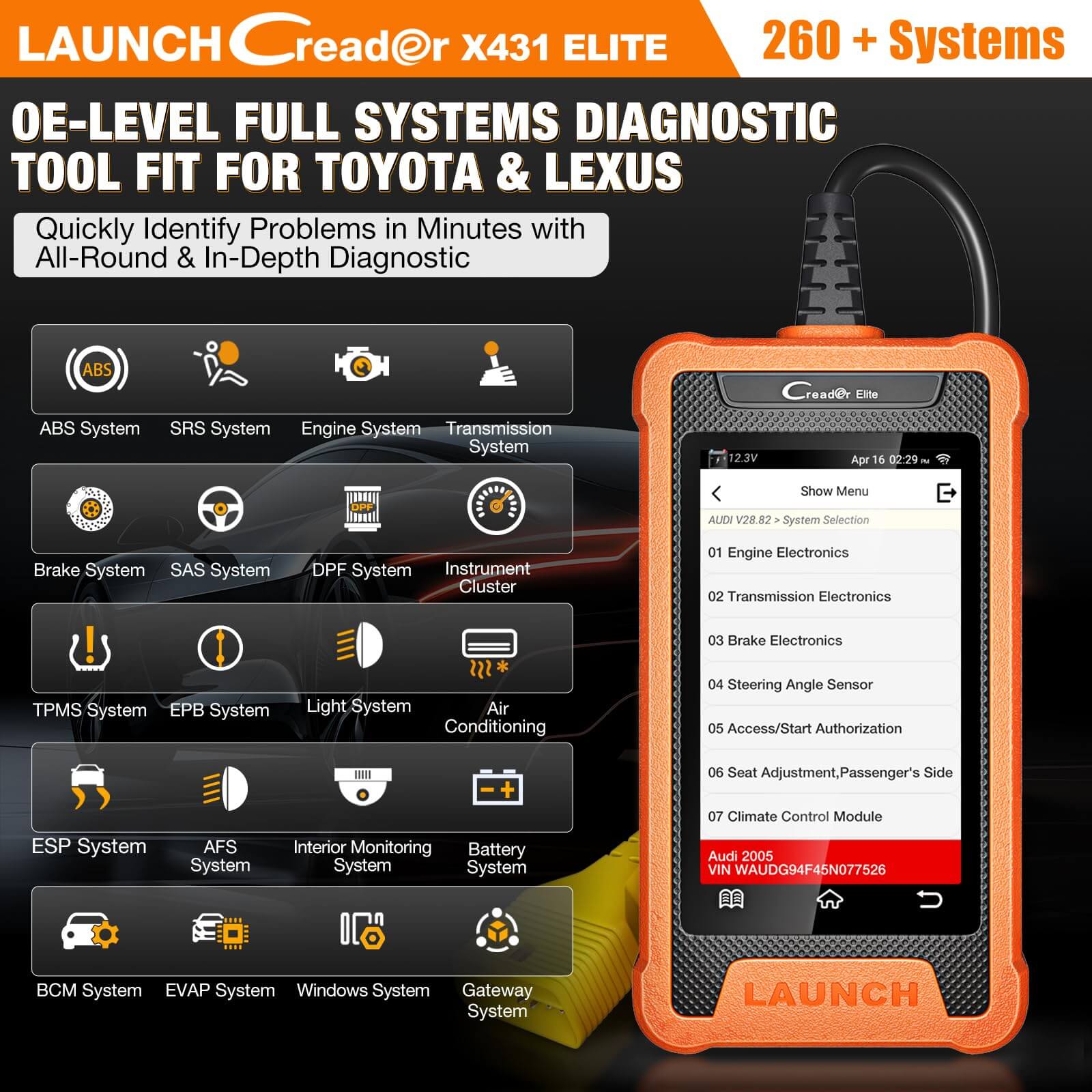 LAUNCH X431 Creader Elite OBD2 Scanner for Toyota & Lexus - Full System Bi-Directional Diagnostic Tool with Code Reader - Perfect for DIY Car Repairs & Professional Auto Diagnostics