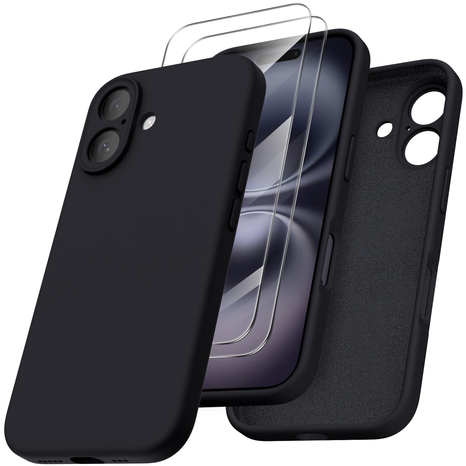 ORNARTO Shockproof Liquid Silicone iPhone 16 Case with 2 Screen Protectors - Durable Drop Protection Gel Rubber Phone Cover for iPhone 16 (Black) - Perfect for Outdoor Activities, Travel & Daily Use