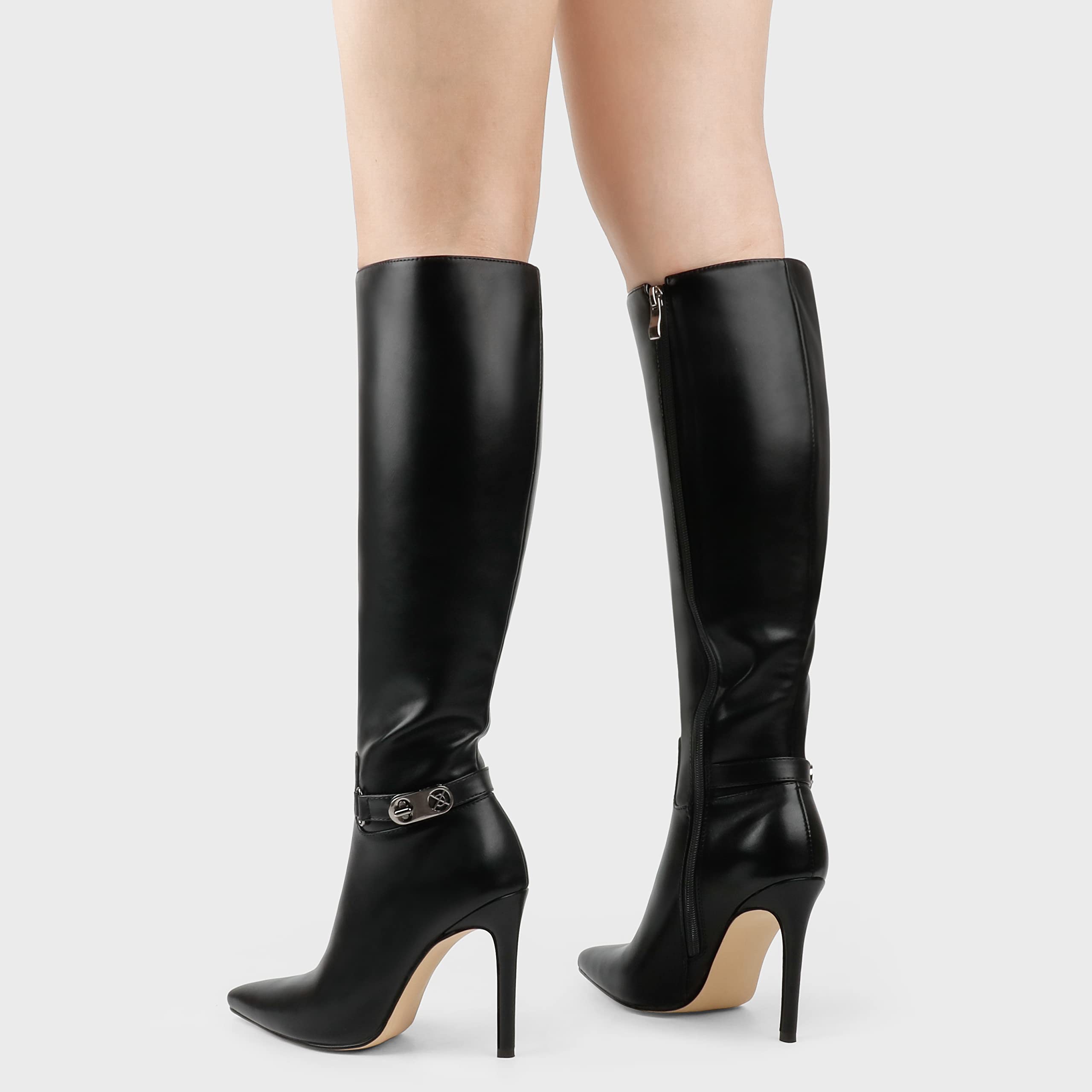 COLETER Women's Knee High Boots - Pointed Toe Stiletto Heels with Buckle & Zipper Detail, Slouchy Dress Boots for Party, Office & Night Out