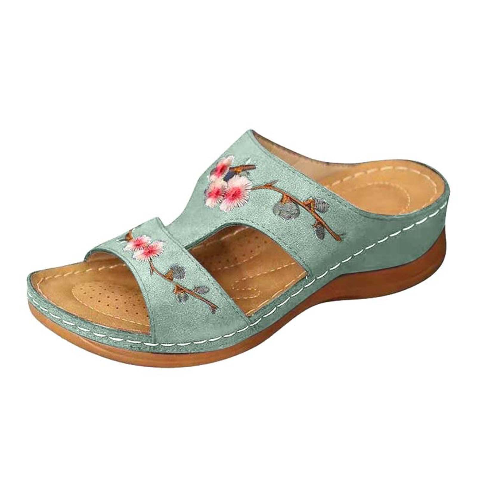 Oiangi Women's Flower Embroidered Wedge Sandals - Breathable Open Toe Slip-On Slides for Summer | Lightweight Casual Slippers with Hollow-Out Design | Perfect for Beach, Poolside & Outdoor Walking