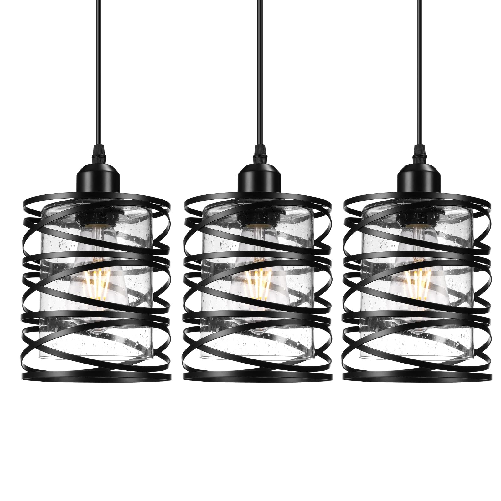 3 Pack Black Adjustable Industrial Pendant Lights for Kitchen Island - Modern Seeded Glass Shade Hanging Lighting Fixtures - Perfect for Kitchen, Dining Room, Bar & Restaurant Decor