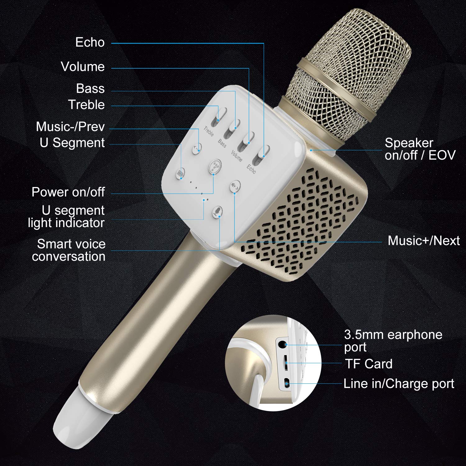 TOSING V2 Wireless Bluetooth Karaoke Microphone - 10W Loud Volume, Enhanced Bass, 3-in-1 Portable Handheld Speaker Mic for iPhone Android iPad PC (Gold) - Perfect for Home Karaoke, Parties & Travel Entertainment