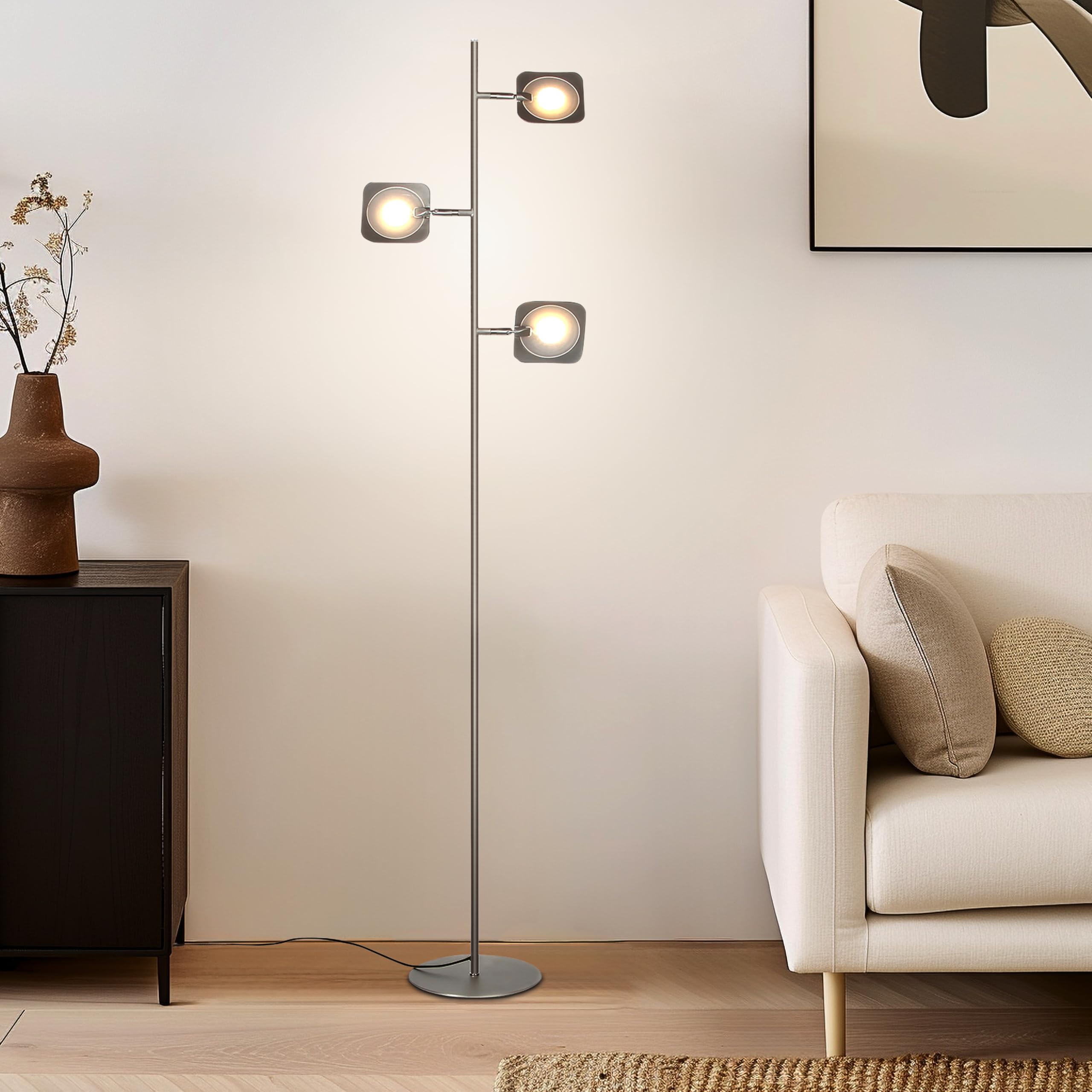 Brightech Adjustable LED Floor Lamp - Dimmable Standing Light for Living Room, Bedroom & Office, Modern Tree Design with Spotlight Panels, Space-Saving Tall Lamp in Satin Nickel Finish | Perfect for Reading, Working & Home Decor