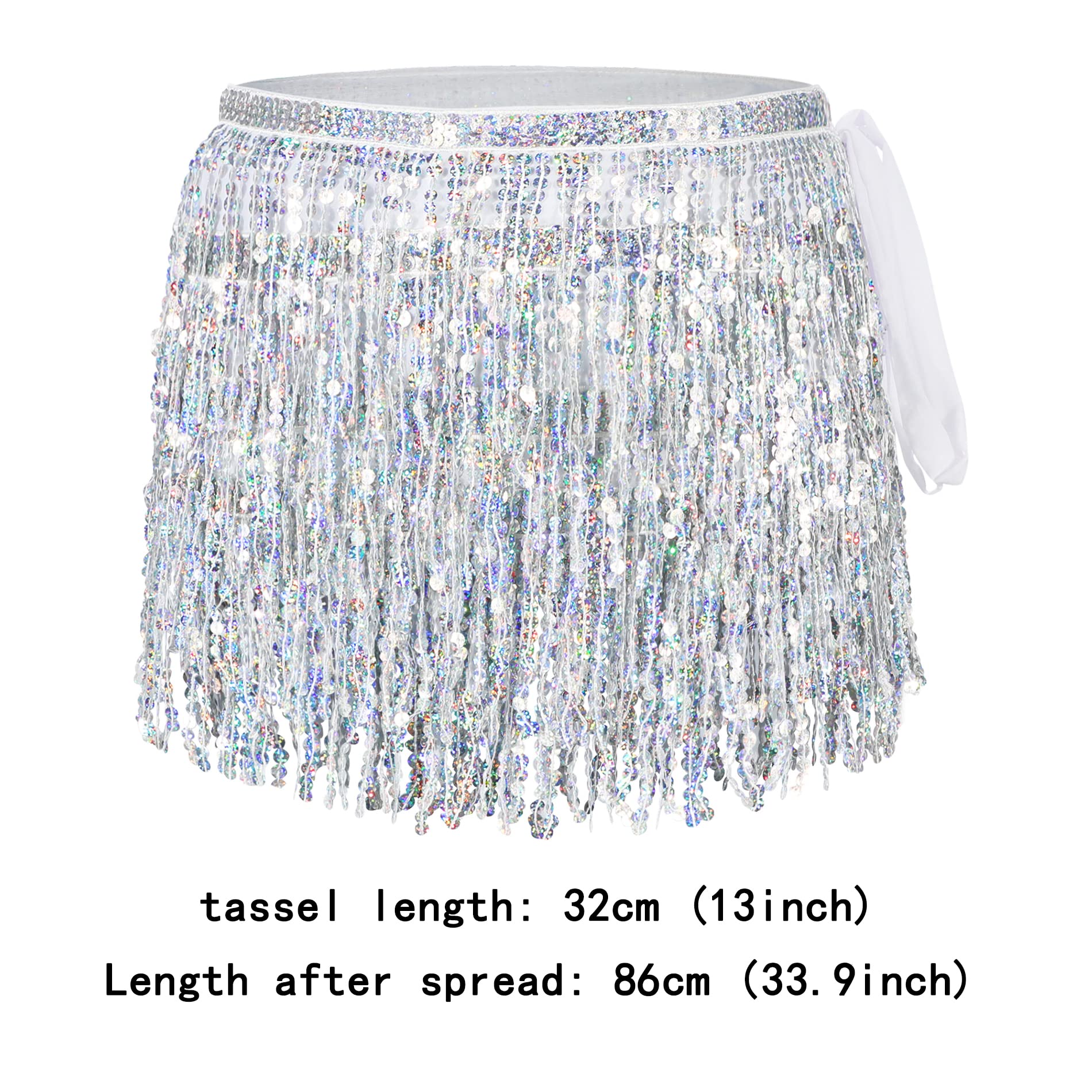 Women's Belly Dance Skirt with Sequins & Tassel Fringe - Sparkly Rave Skirt for Festival, Performance & Dance Costume - Hip Scarf for Belly Dancing & Boho Outfits