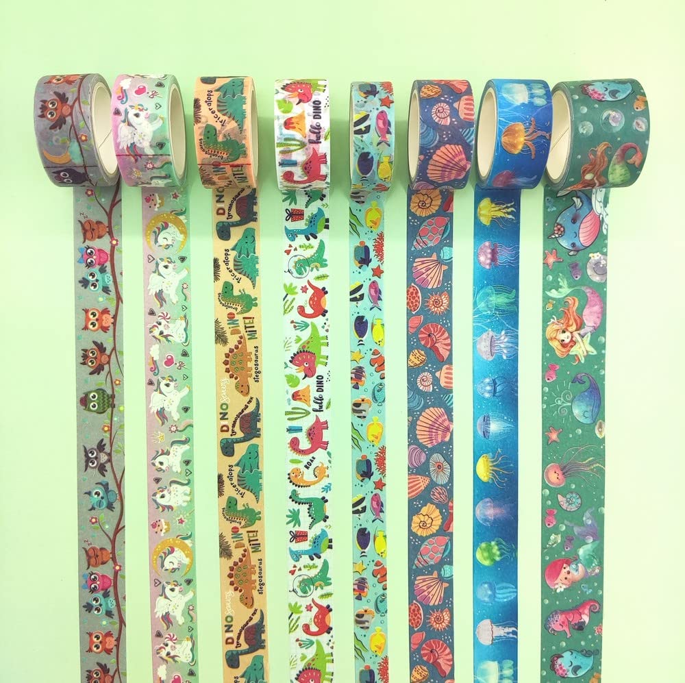 Glow in The Dark Washi Tape Set - 8 Rolls Cute Creatures Decorative Masking Tapes for DIY Crafts, Scrapbooking, Journaling, Planner Decor & Gift Wrapping | Perfect for Nighttime Projects, Kids' Rooms & Creative Arts