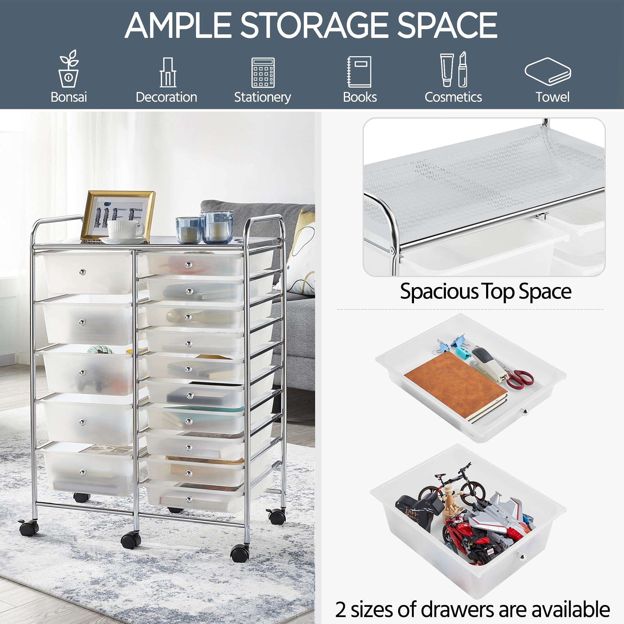 Yaheetech 15-Drawer Rolling Cart - Mobile Storage Organizer for Home & Office, White