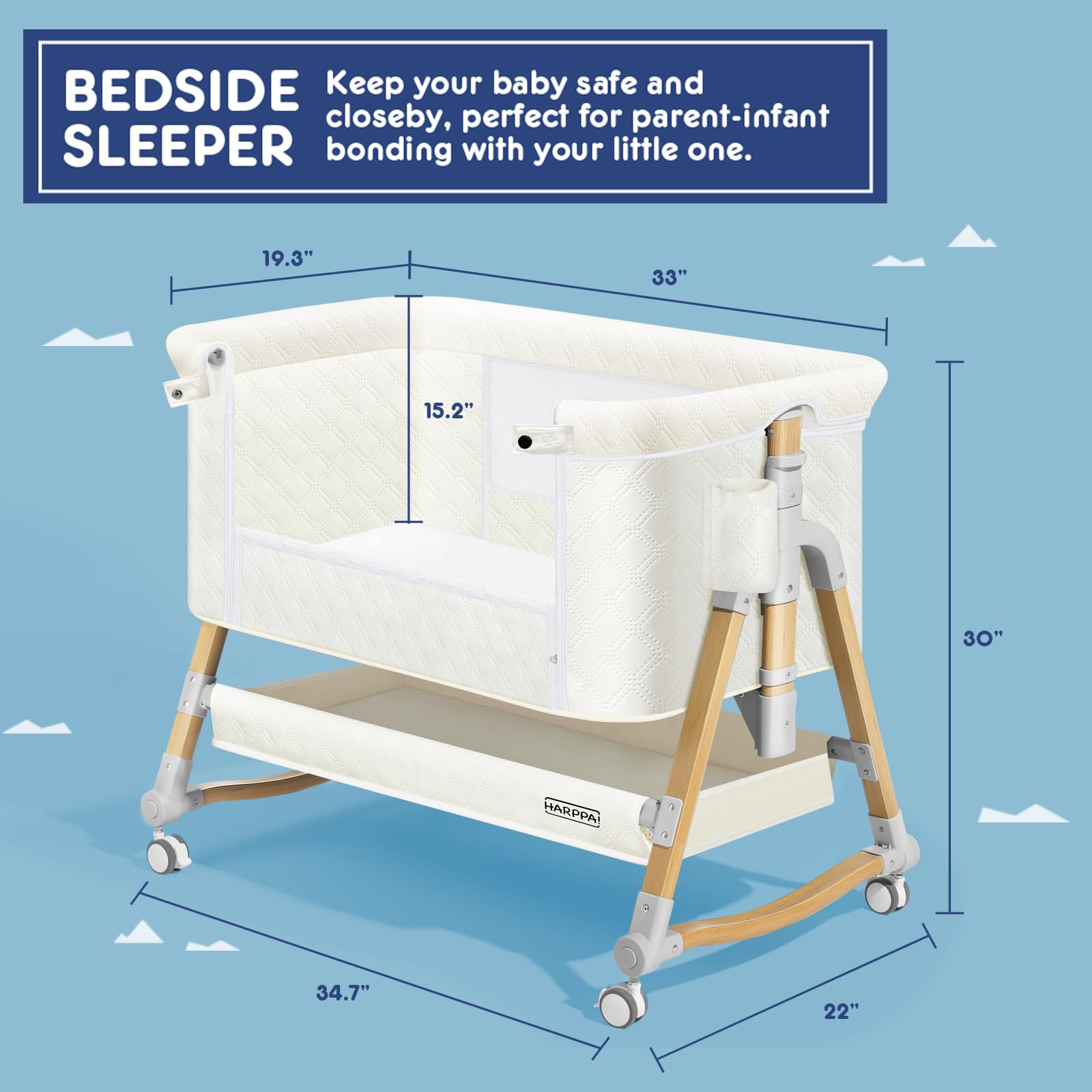 3-in-1 Adjustable Baby Bassinet with Mosquito Net & Storage - Portable Bedside Crib for Newborns, 5 Position Height Adjustment & Anchor Strap (White) - Perfect for Nursery, Bedroom & Travel Use