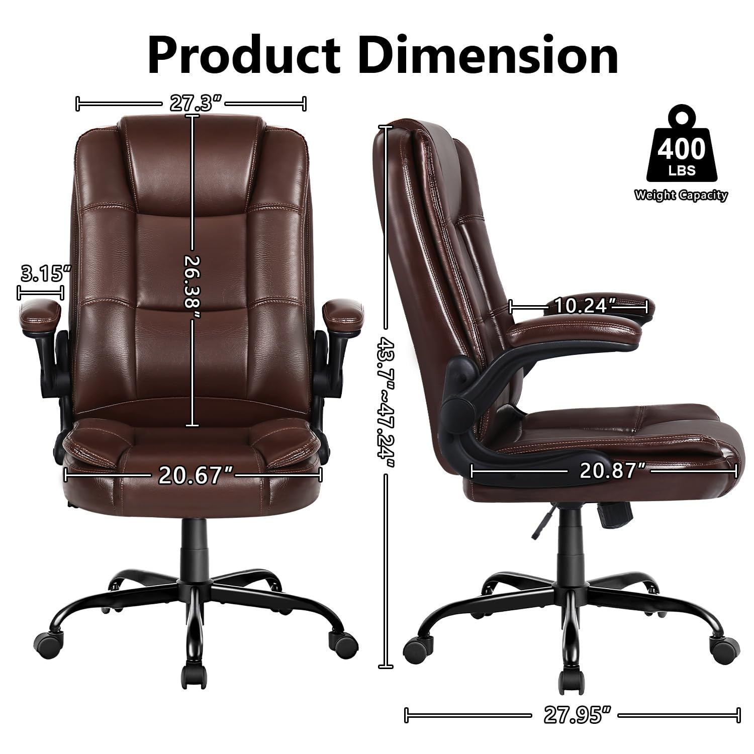 Premium Brown Leather Office Chair - Adjustable Ergonomic High Back Desk Chair with Flip-Up Armrests & Lumbar Support for Home Office, Gaming & Executive Workspaces
