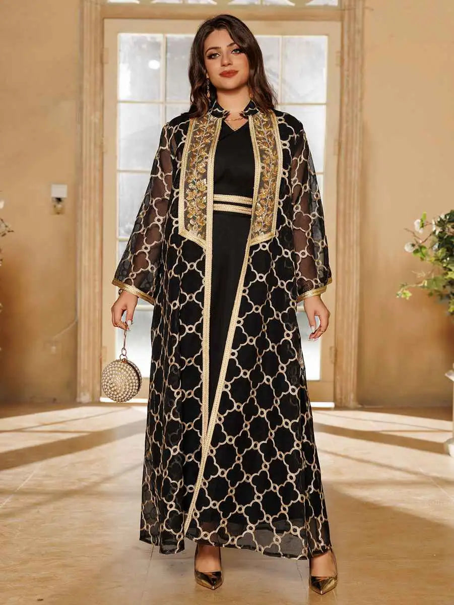 Muslim Women's 2-Piece Eid Caftan Dress Set with Doris Embroidery - Elegant Islamic Prayer Outfit for Ramadan & Special Occasions