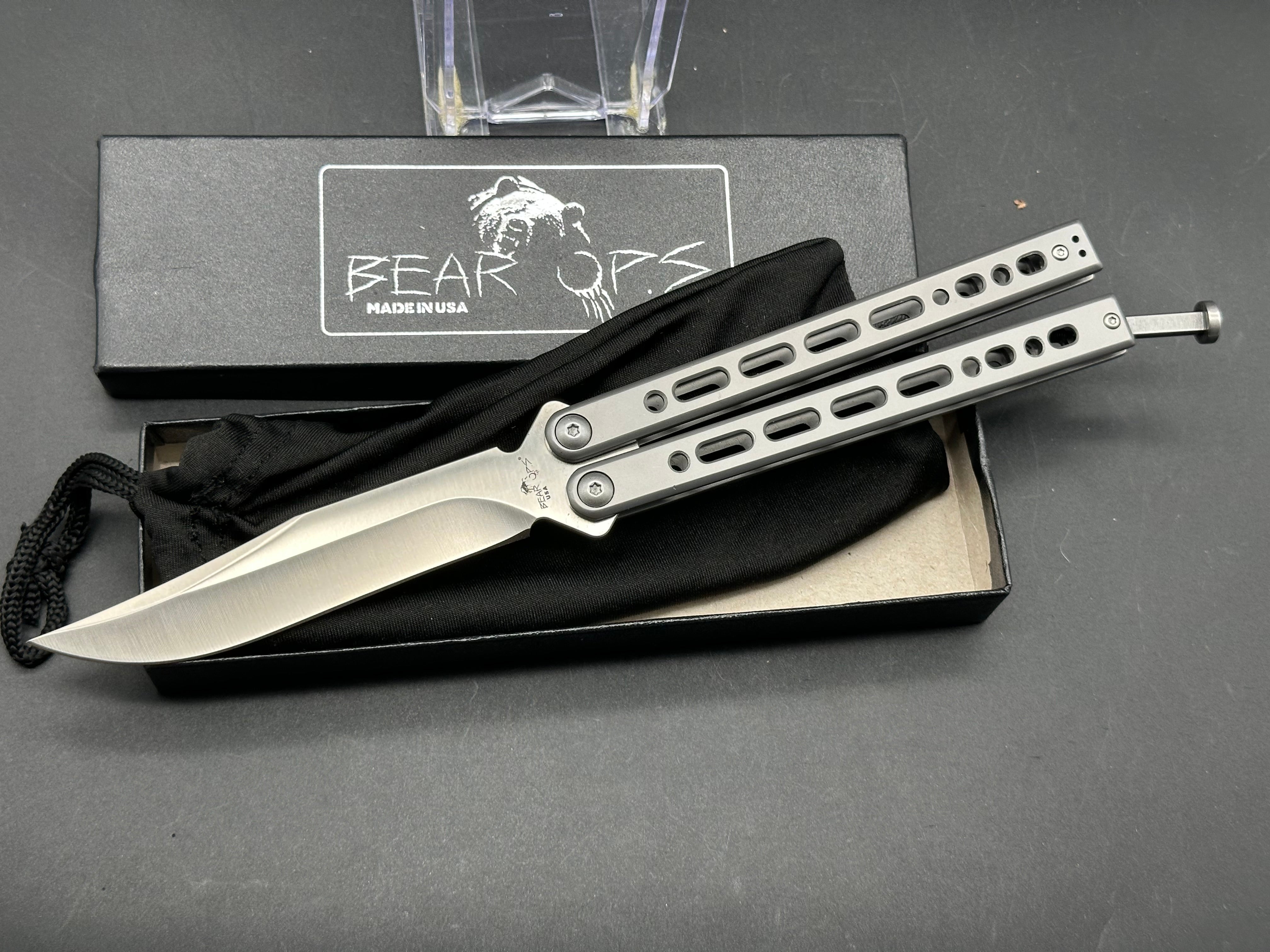 Bear OPS Bear Song VIII Silver Steel Frame Balisong Butterfly Knife - 154CM Satin Polished Bowie Blade for EDC, Outdoor Survival & Collection - Perfect for Flipping Tricks, Camping & Knife Enthusiasts