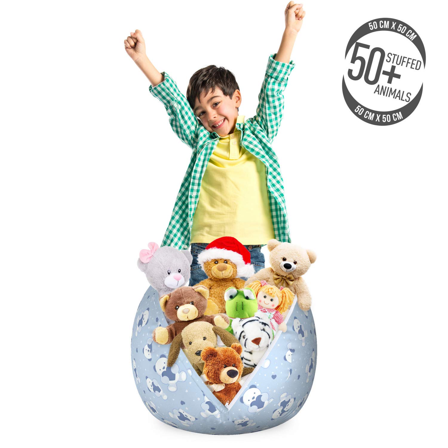 Ambesonne Cartoon Teddy Bear Toy Storage Bag Chair - Blue Hearts Shower Theme Stuffed Animal Organizer, Washable Small Size in Cadet Blue | Kids Room Decor, Nursery Storage, Playroom Organization