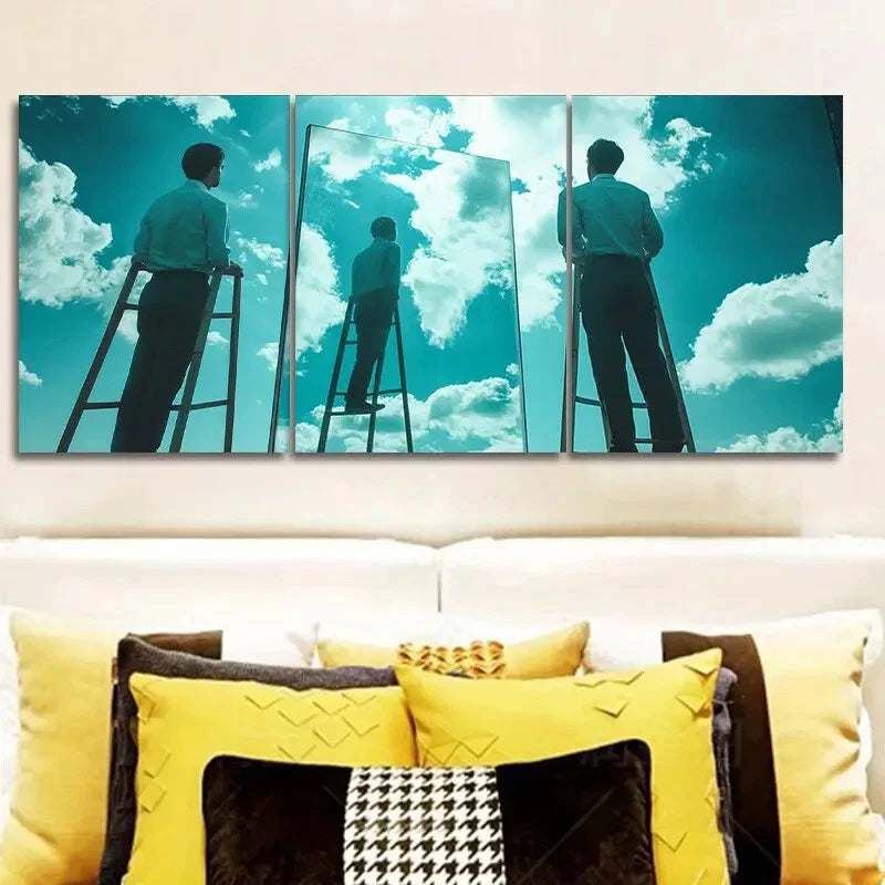 3-Piece Surreal Film Triptych Wall Art Set with Ladder & Sky - Framed Canvas 40x60cm (16x24in) - High Quality Print - 100% Australian Made - Ready to Hang - Perfect for Living Room, Bedroom or Office Decor