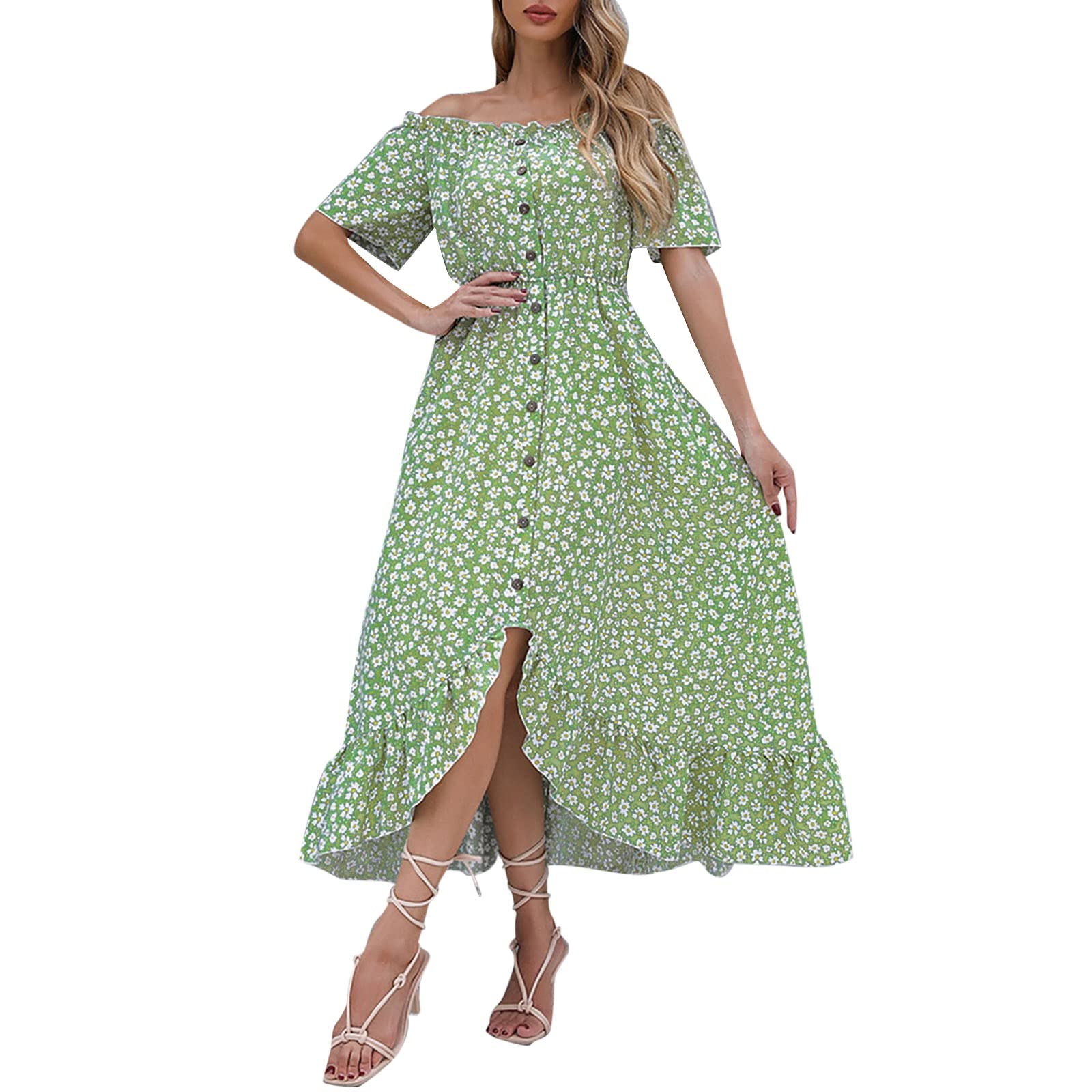 Women's Off Shoulder Floral Maxi Dress with Short Sleeves & Frill Detail - A-Line Summer Beach Dress for Vacation, Party & Casual Wear