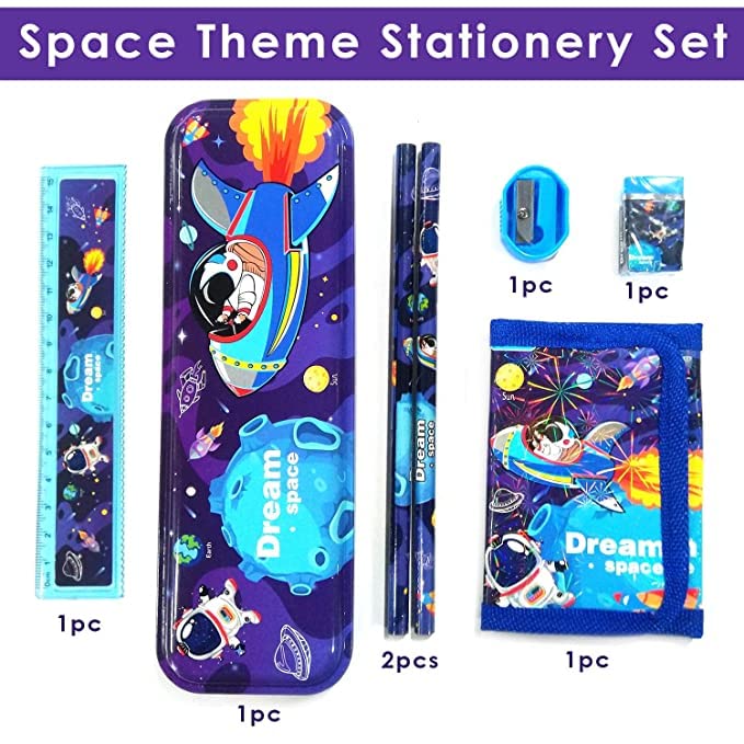 FETE PROPZ Space Stationery Kit for Boys - 7 Pc Blue School Supplies Set with Pencil Box, Wallet, Eraser & Sharpener | Perfect Return Gifts for Birthday Parties & Back to School