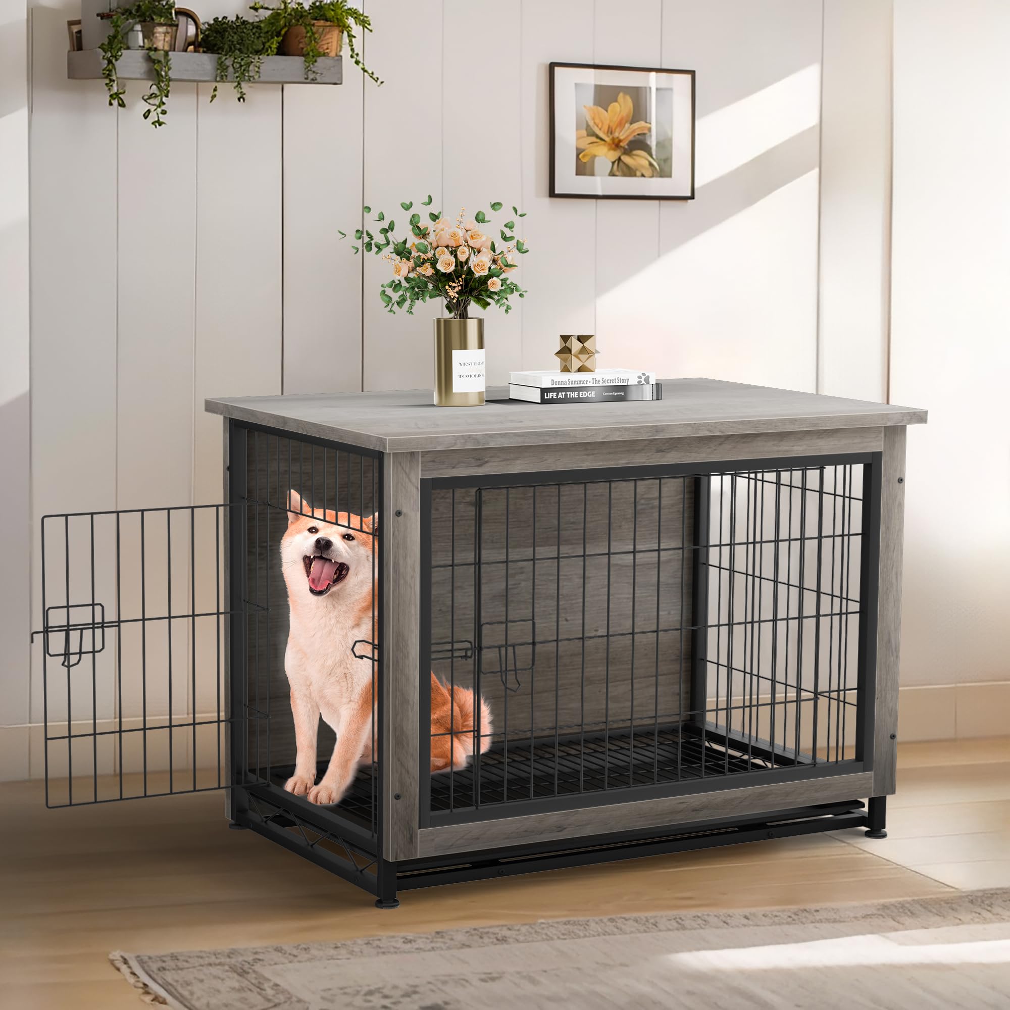 Stylish Wooden Dog Crate Furniture with Double Doors - Indoor Dog Kennel, House & Cage for Small to Medium Dogs (Grey) - Perfect for Living Room, Bedroom or Home Office Pet Space
