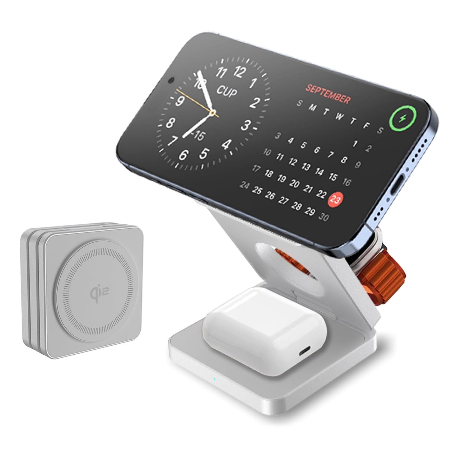 25W 3-in-1 Wireless Charging Station - Magsafe Compatible Fast Charger Dock for iPhone 14/13/12, Apple Watch & AirPods | Foldable Portable Stand with 5W Charging | Perfect for Home, Office & Travel (Silver)