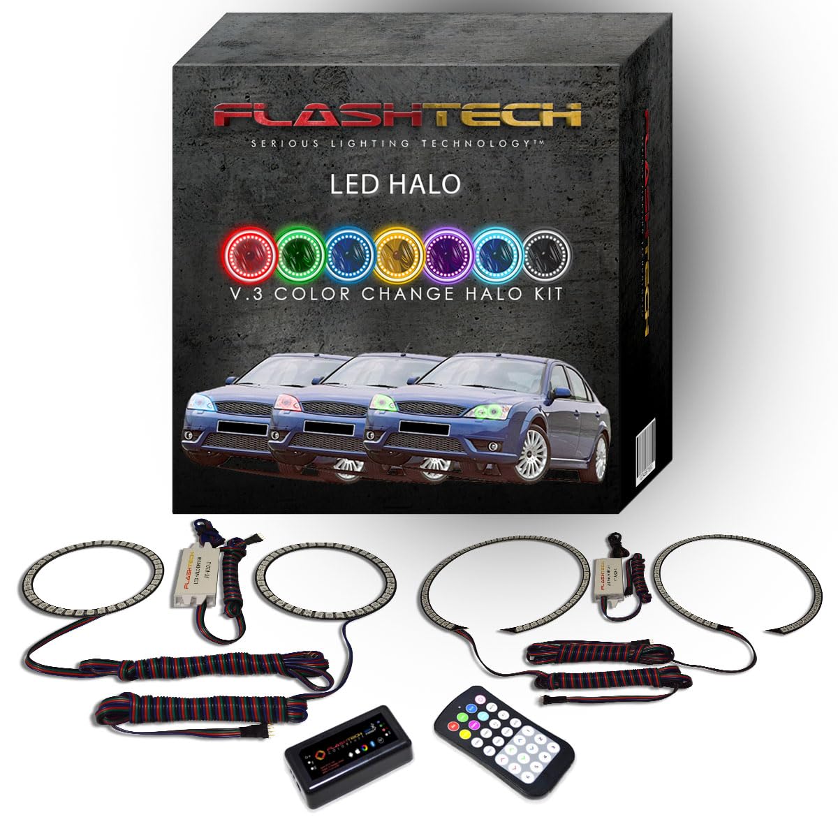 Flashtech LED RGB Multi-Color Halo Ring Headlight Kit with Bluetooth RF Remote & App Control - Compatible with Ford Mondeo 2000-2007 | Customizable Car Lighting for Night Driving & Car Shows