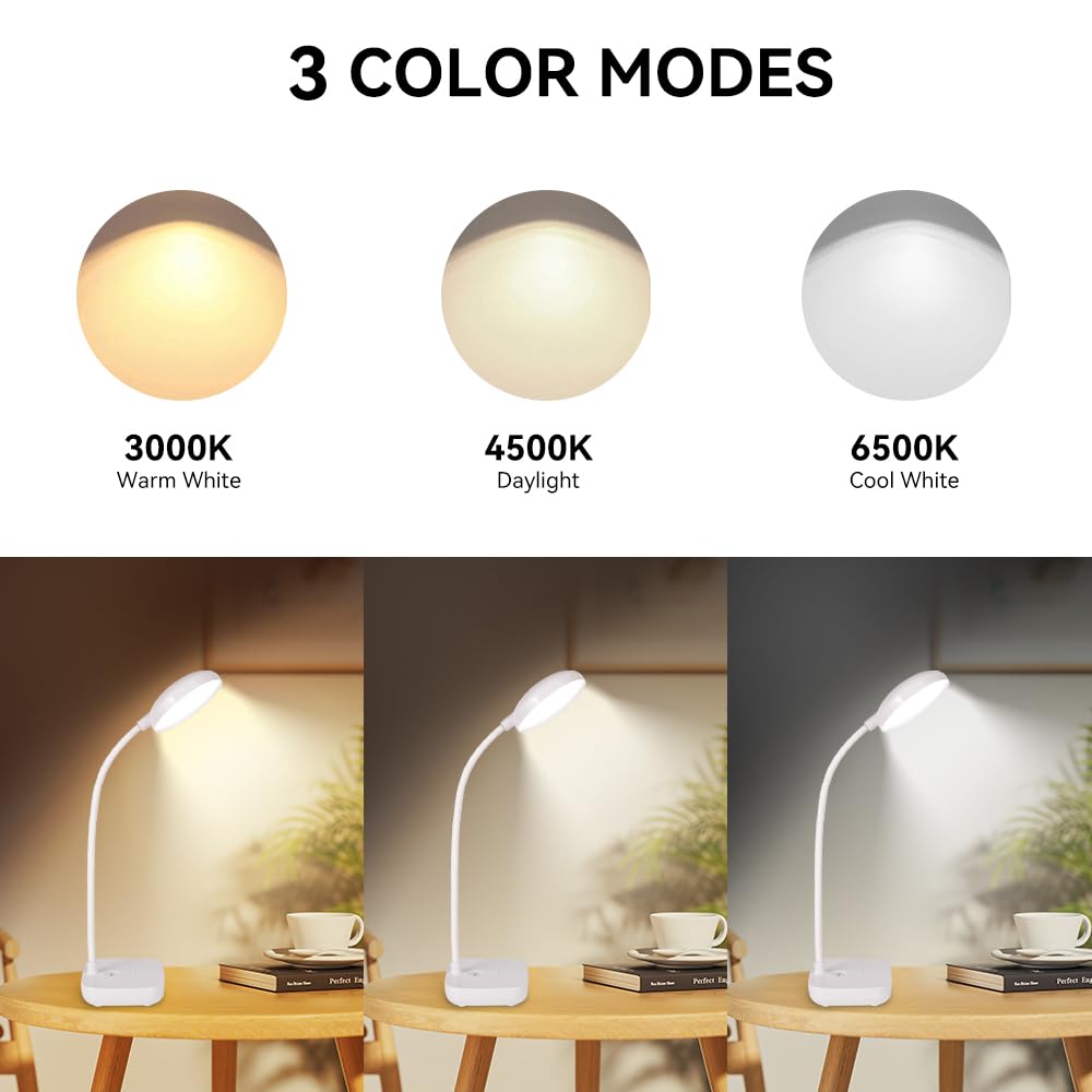 Rechargeable Battery-Powered Small Desk Lamp with 3 Light Colors (Warm White) - 10 Adjustable Brightness Levels, 400 Lumens, Flexible Gooseneck - Eye Protection LED Light for Home Office, Bedroom, Dorm & Study Spaces