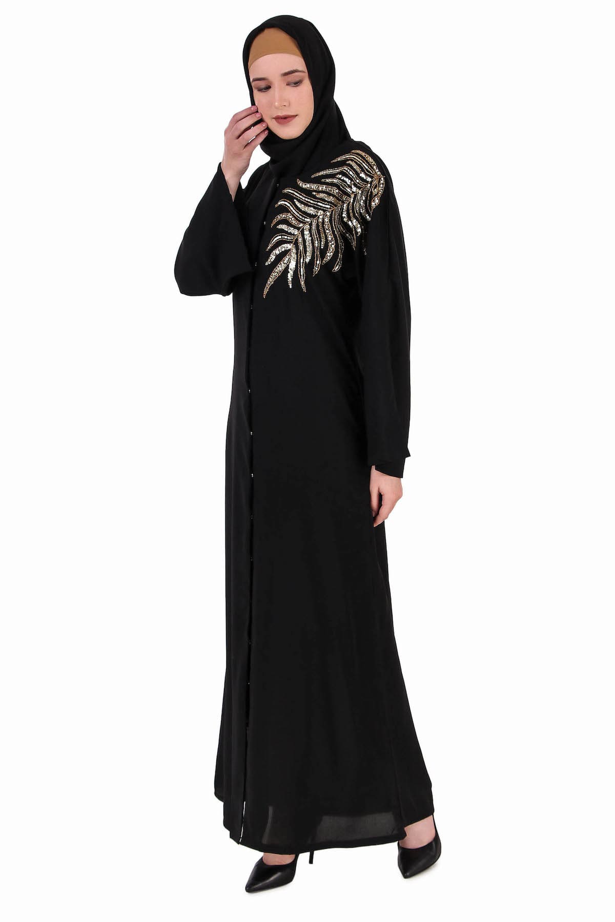 Elegant Front Open Hand Gold Leaf Embroidered Dubai Abaya Dress - Perfect for Islamic Prayer, Special Occasions & Modest Fashion