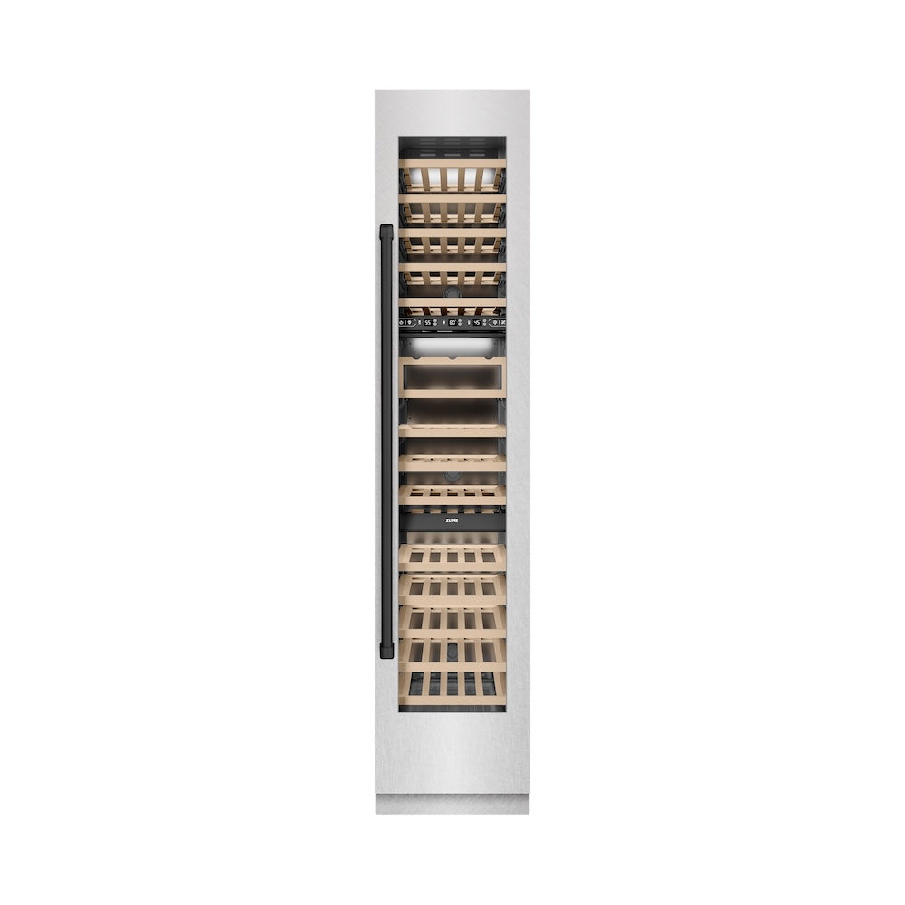ZLINE Autograph Edition 18 Inch 9.0 cu ft Triple Zone 68 Bottle Right Hinge Stainless Steel Wine Cooler Refrigerator with Matte Black Accents - Perfect for Home Bars, Wine Cellars, and Entertaining Spaces (RCWVRZ SN 18 MB)