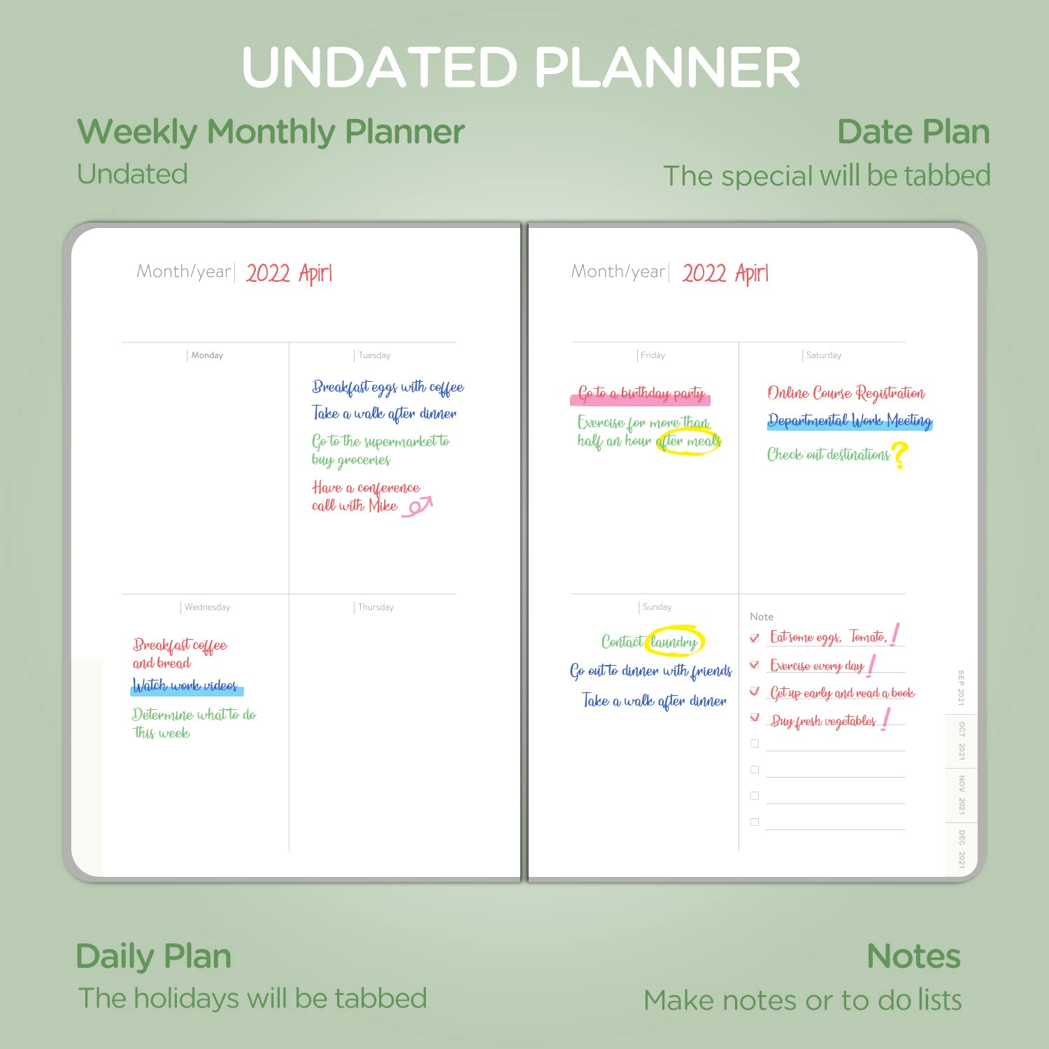 2024-2025 Undated Weekly & Monthly Planner with Tabs, Stickers, Thick Paper - Twin-Wire Binding, 6.1x8.2 Inch Mint Green Academic Planner for Students & Professionals - Perfect for School, Work, and Personal Organization