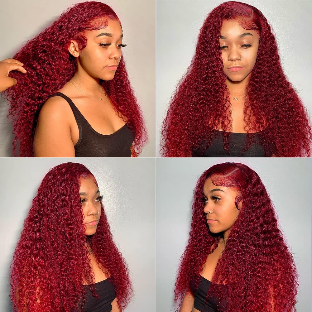 13x4 99J Burgundy Deep Wave Lace Front Wig - 150% Density Human Hair Wig with Baby Hair & Pre-Plucked Hairline for Women | Natural Red Colored Deep Curly Wigs for Daily Wear, Parties & Special Occasions