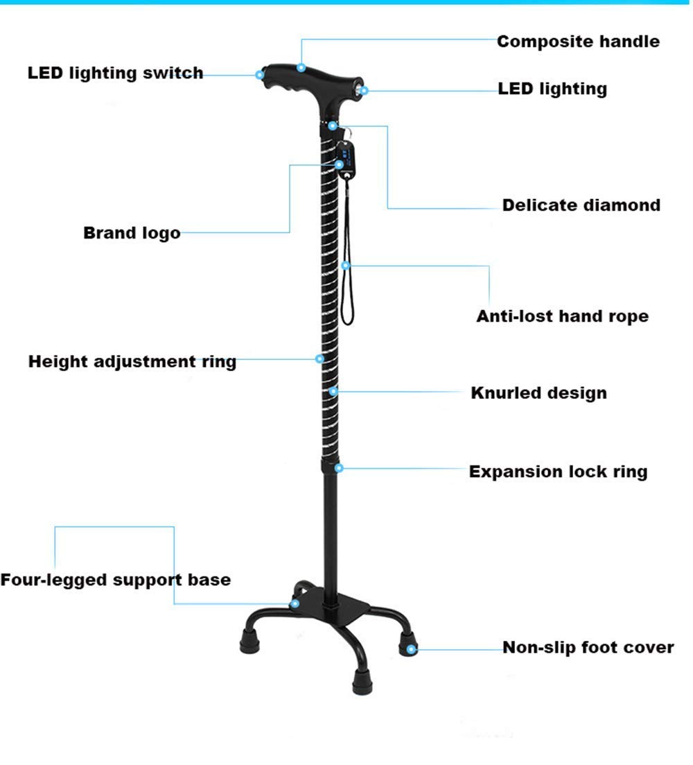 Lightweight Quadruple Walking Cane with Flashlight - Sturdy 4-Prong Aluminum Mobility Aid for Men & Women | Perfect for Hiking, Elderly Support & Outdoor Activities