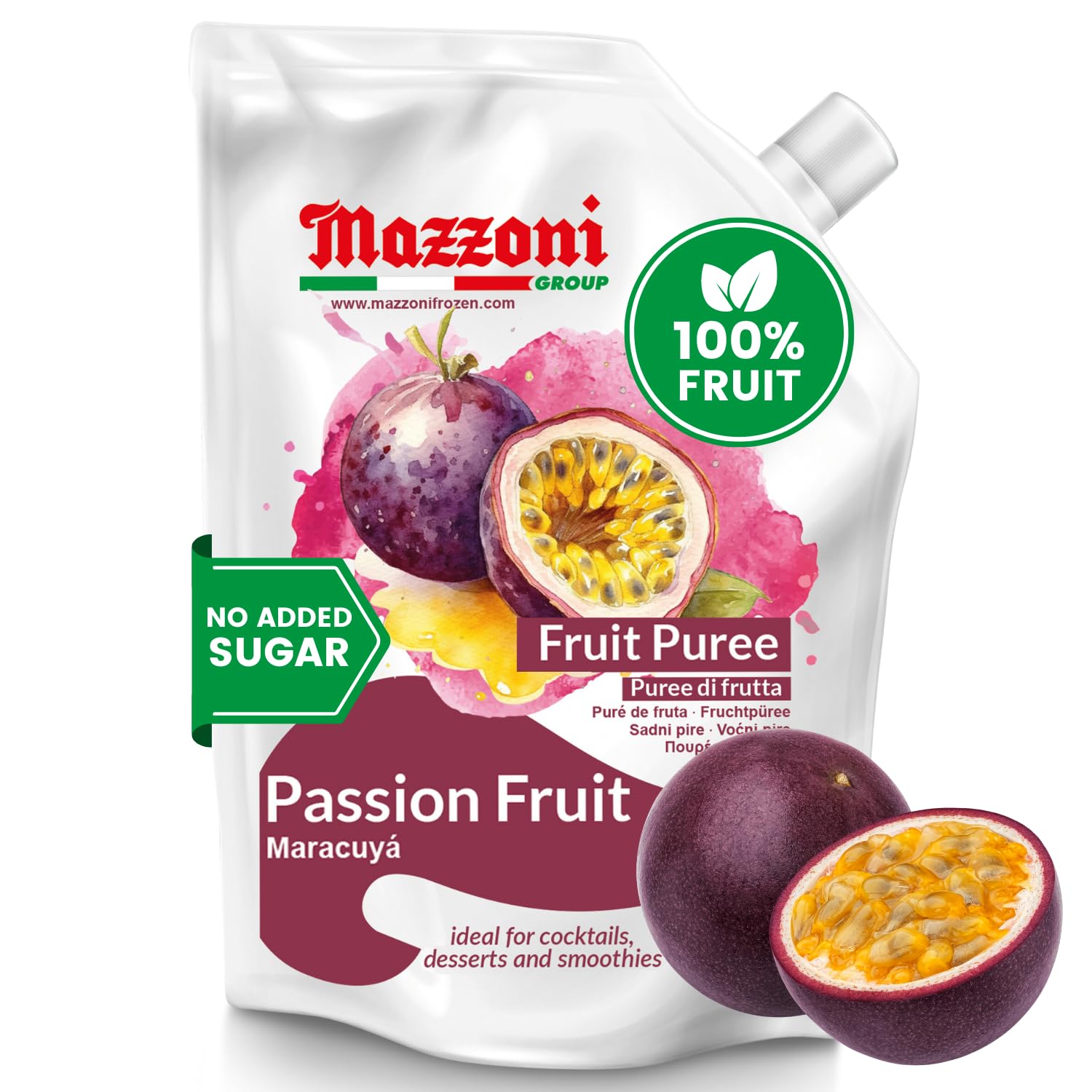 Mazzoni 100% Pure Passion Fruit Puree (Maracuya) - No Sugar Added, 2.2 lbs (35.2 oz) - All Natural Fruit Puree for Smoothies, Cocktails, Juices & Baking - Italian Made Premium Fruit Puree for Healthy Drinks, Desserts & Mixology